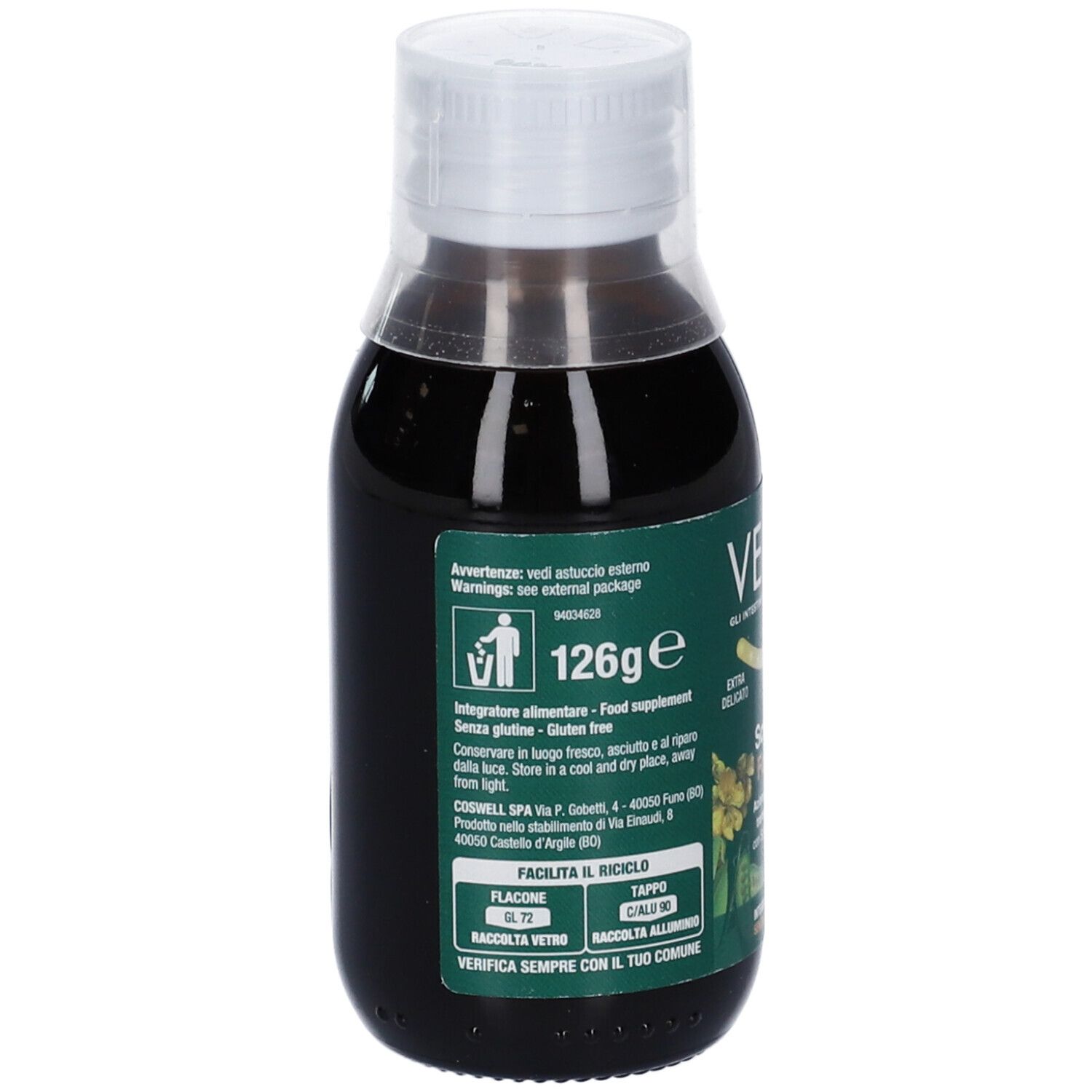 Rückseite der Flasche. Etikett mit Informationen zu Inhaltsstoffen, Gewicht und Hersteller. Grün-weißes Design.