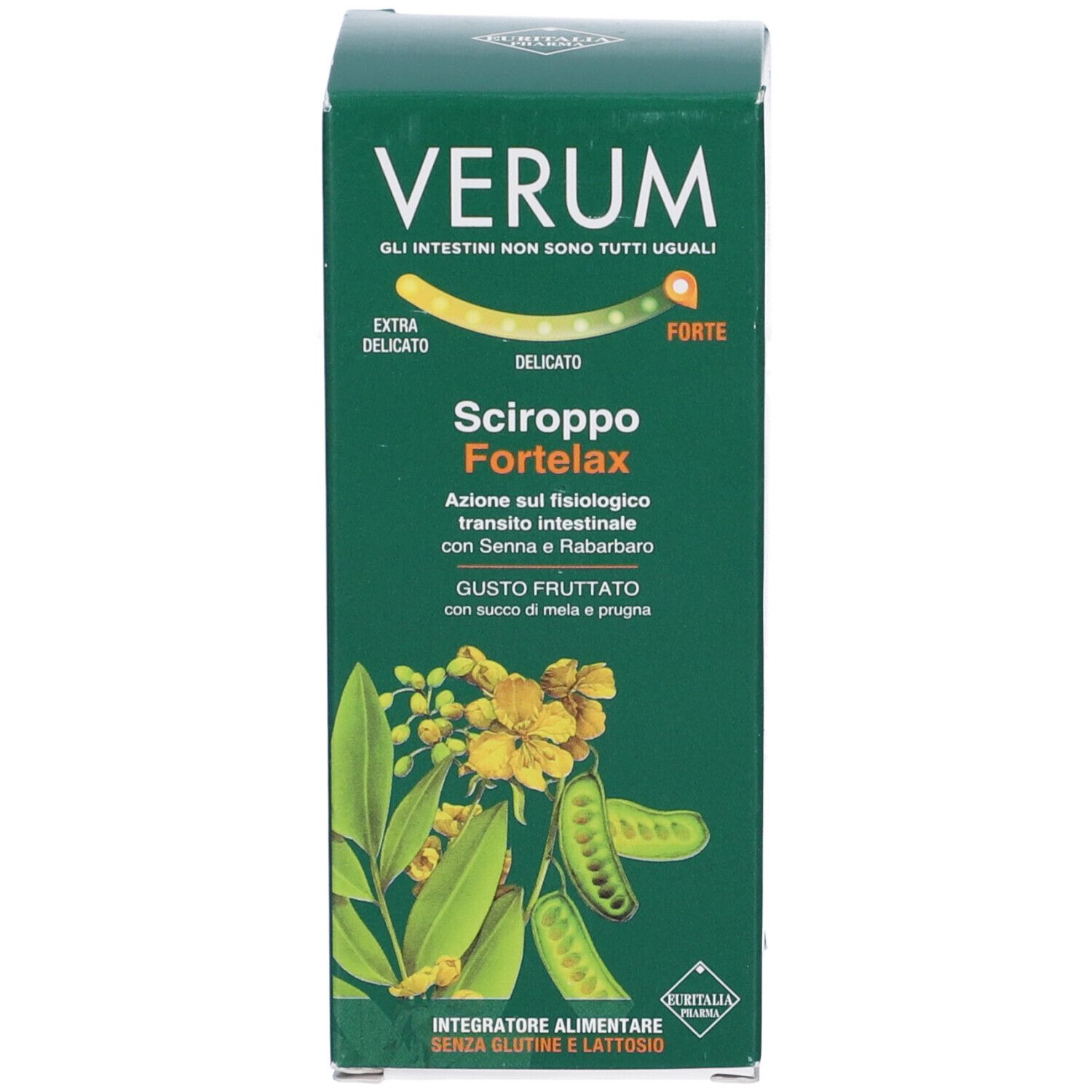 Grüne Produktverpackung. Produktname und Abbildung auf der Vorderseite. Text und Design.