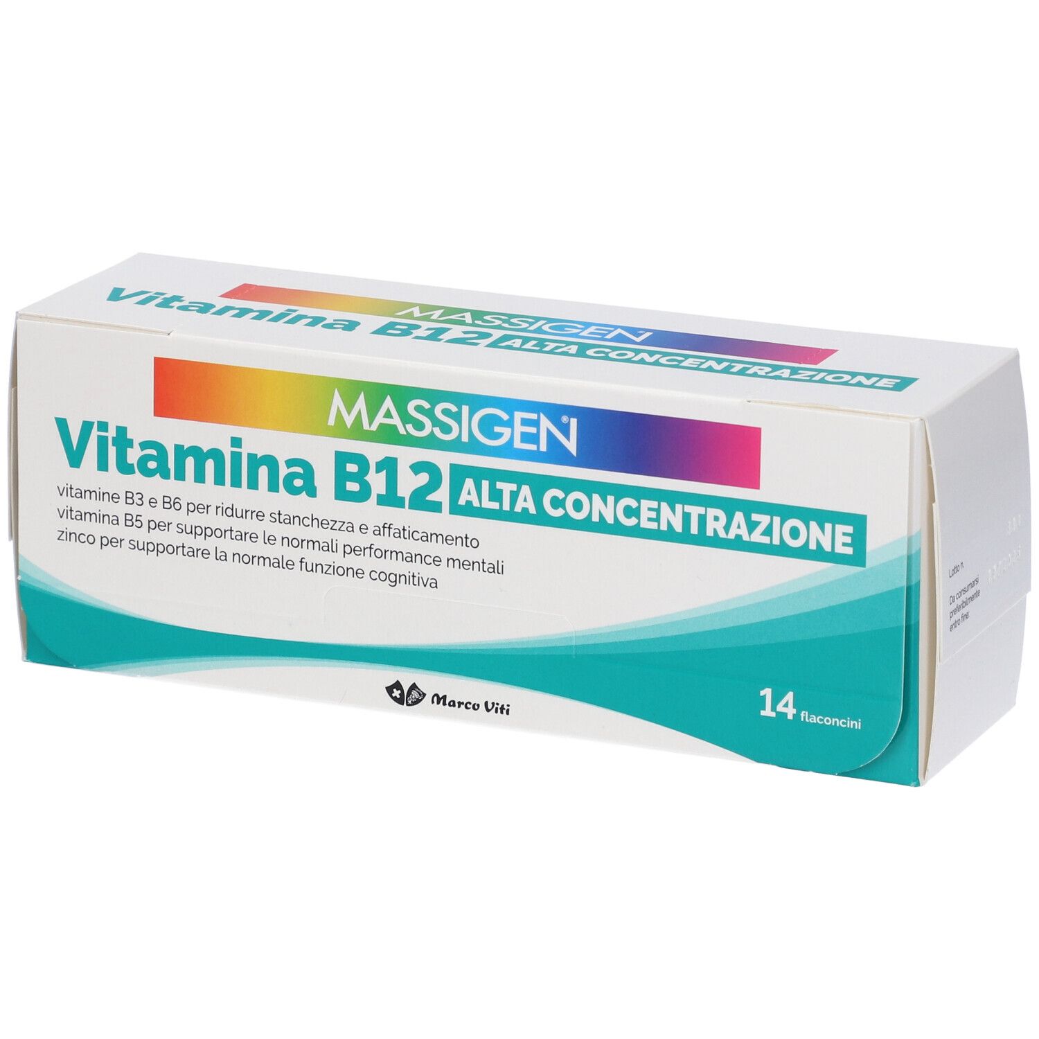 Verpackung von Massigen Vitamina B12, 14 Fläschchen. Aufschrift: Alta Concentrazione. Marke Marco Viti.
