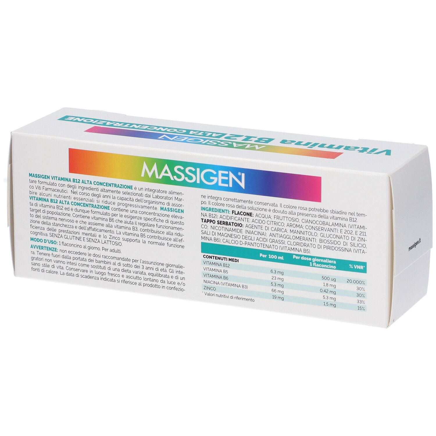 Rückseite der Massigen Vitamina B12-Verpackung. Text mit Inhaltsstoffen und Nährwertangaben. Marke Marco Viti.