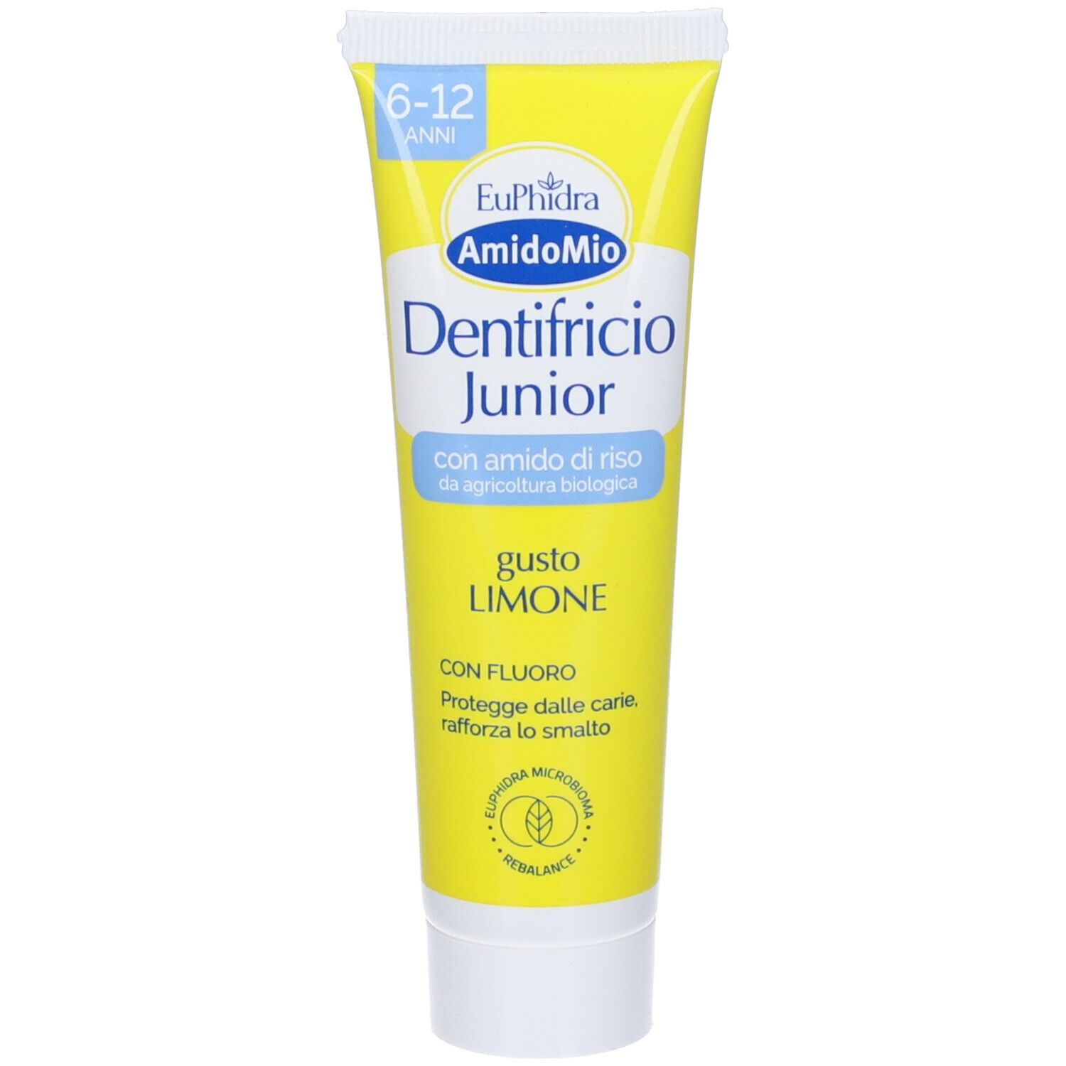 Gelbe Tube mit weißem Verschluss, EuPhidra AmidoMio Dentifricio Junior Zahnpasta, Zitronengeschmack, für 6-12 Jahre.