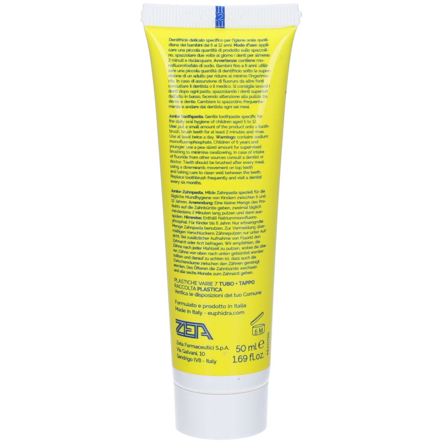 Gelbe Tube mit Zahnpasta, 50 ml Inhalt. Enthält Fluorid. Für Kinder von 6-12 Jahren.