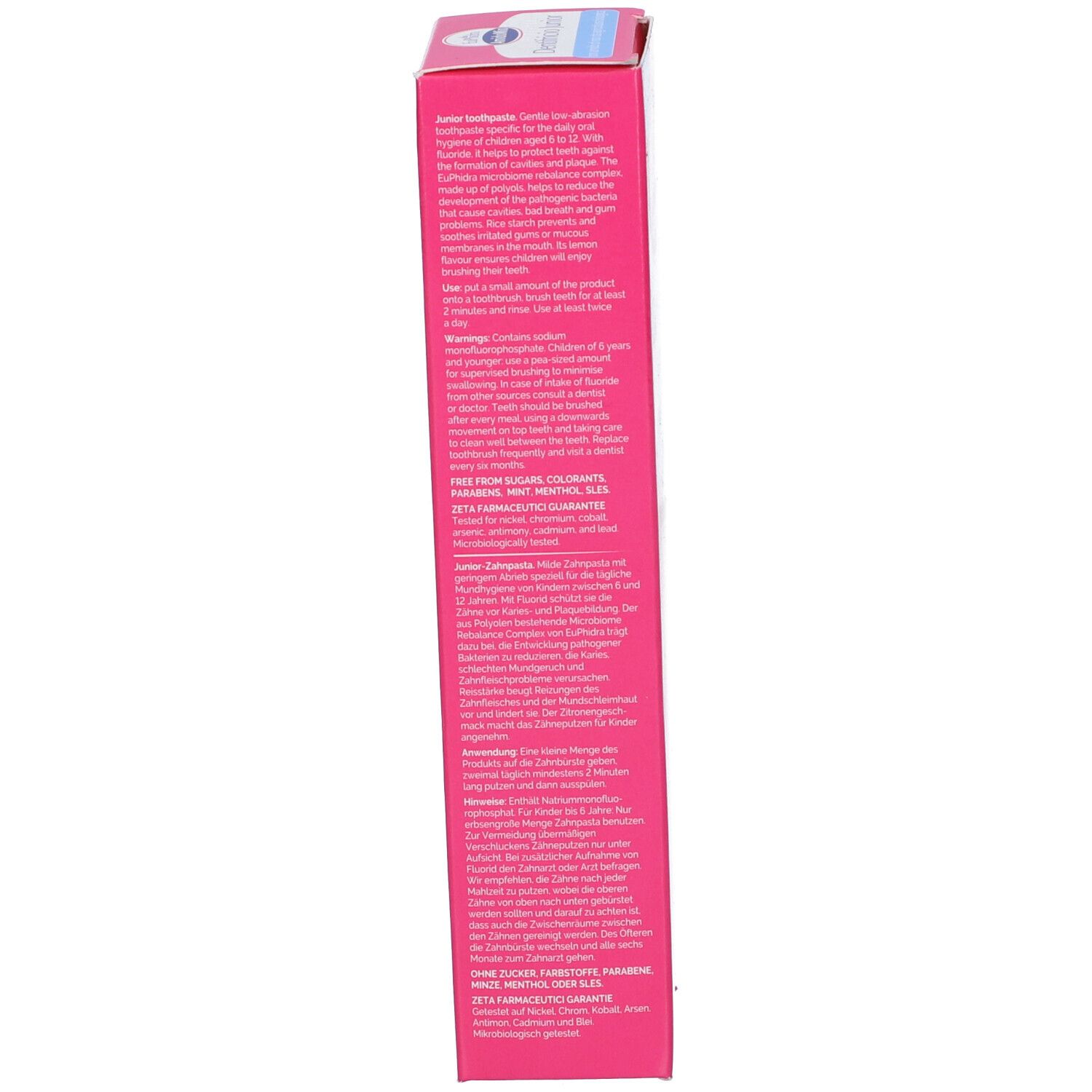 Verpackung für Junior-Zahnpasta mit Inhaltsstoffen und Anwendungshinweisen.