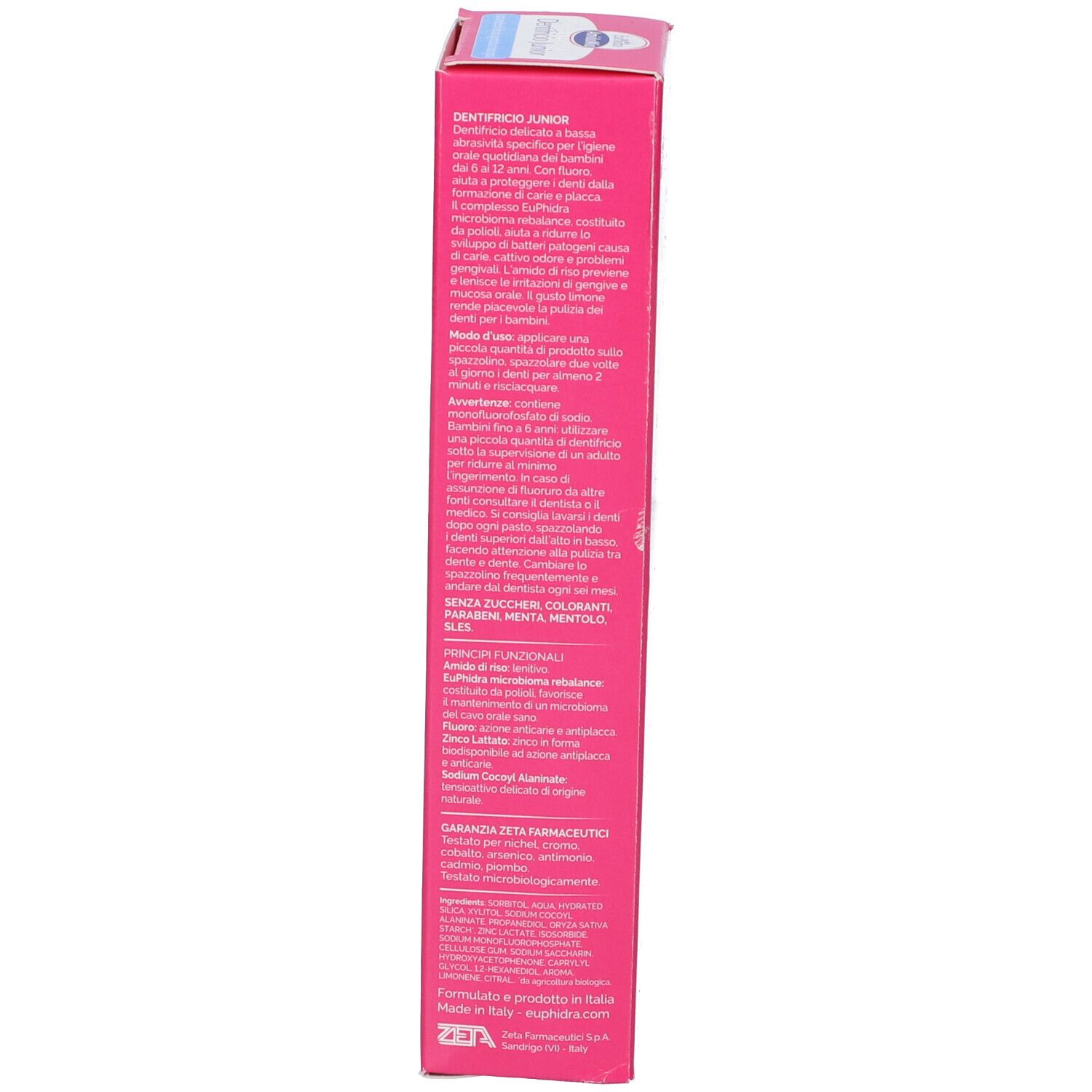 Verpackung für Junior-Zahnpasta, pink mit weißem und blauem Aufdruck.