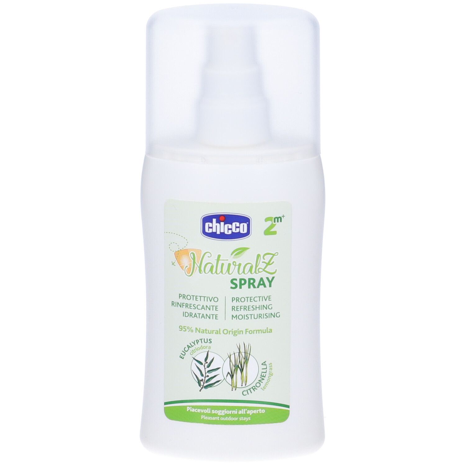 Flacone spray bianco con tappo. Scritta: NaturalZ Spray, protettivo, rinfrescante, idratante. Illustrazioni di piante.