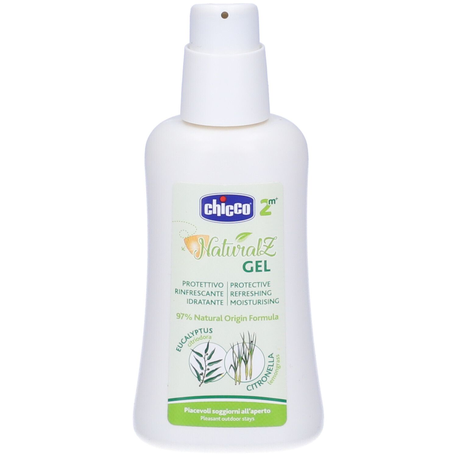 Flacone bianco con dosatore a pompa. Scritta: Chicco NaturalZ Gel. Contiene eucalipto e citronella. Protezione, rinfrescante, idratante.