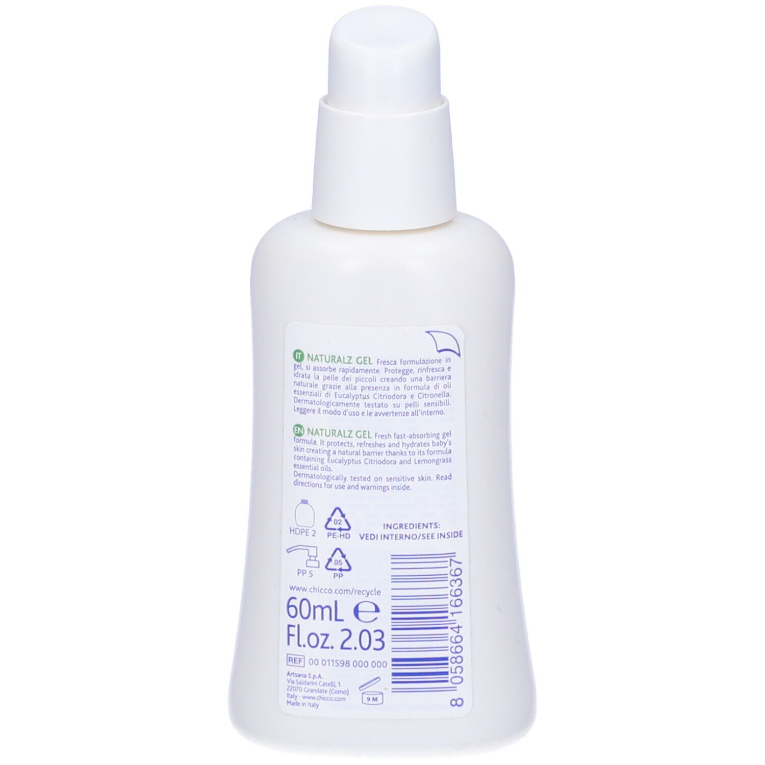 Retro di un flacone bianco con dosatore a pompa. Scritta: NaturalZ Gel. 60ml. Ingredienti. Codice a barre.
