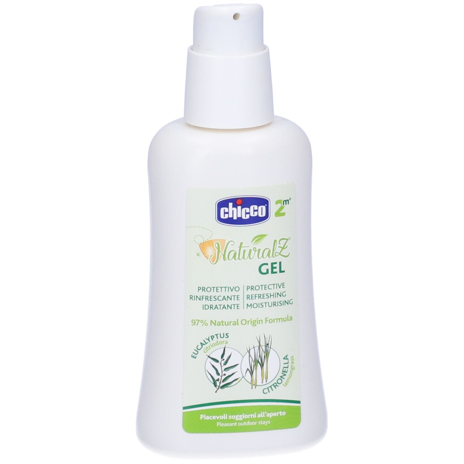 Flacone bianco con dosatore a pompa. Scritta: Chicco NaturalZ Gel. Contiene eucalipto e citronella. Protezione, rinfrescante, idratante.