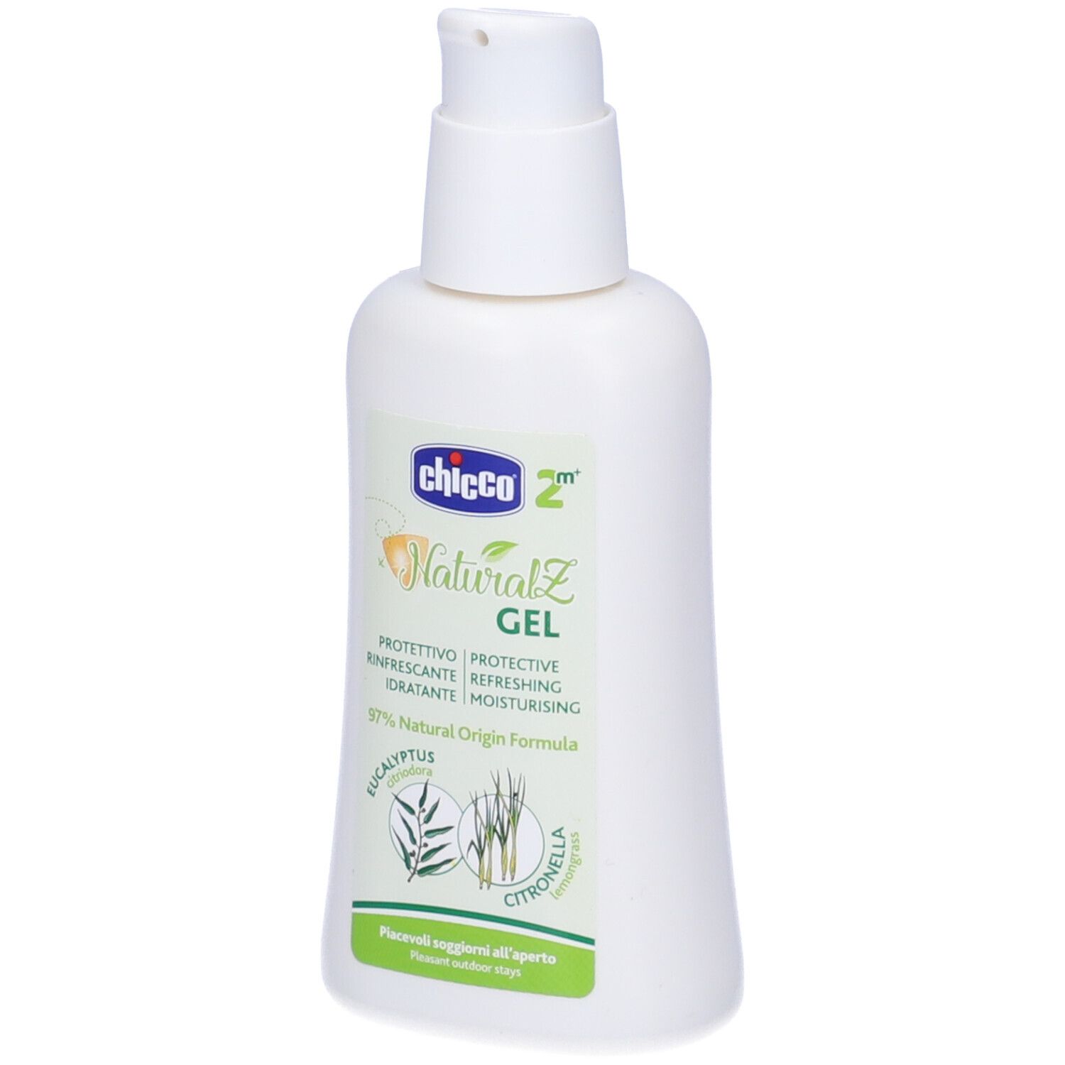 Flacone bianco con dosatore a pompa. Scritta: Chicco NaturalZ Gel. Contiene eucalipto e citronella. Protezione, rinfrescante, idratante.