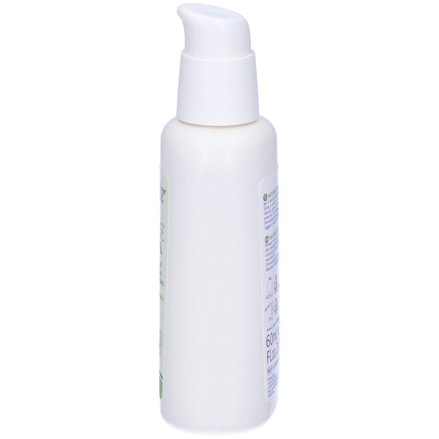 Flacone bianco con dosatore a pompa, vista laterale. Scritta illeggibile. Nome prodotto: Chicco NaturalZ Gel.
