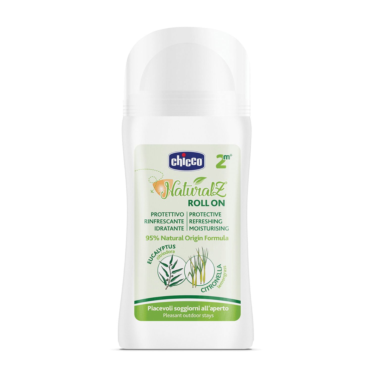 Flacone roll-on bianco con etichetta. Scritta: Chicco NaturalZ Roll On. Contiene eucalipto e citronella.