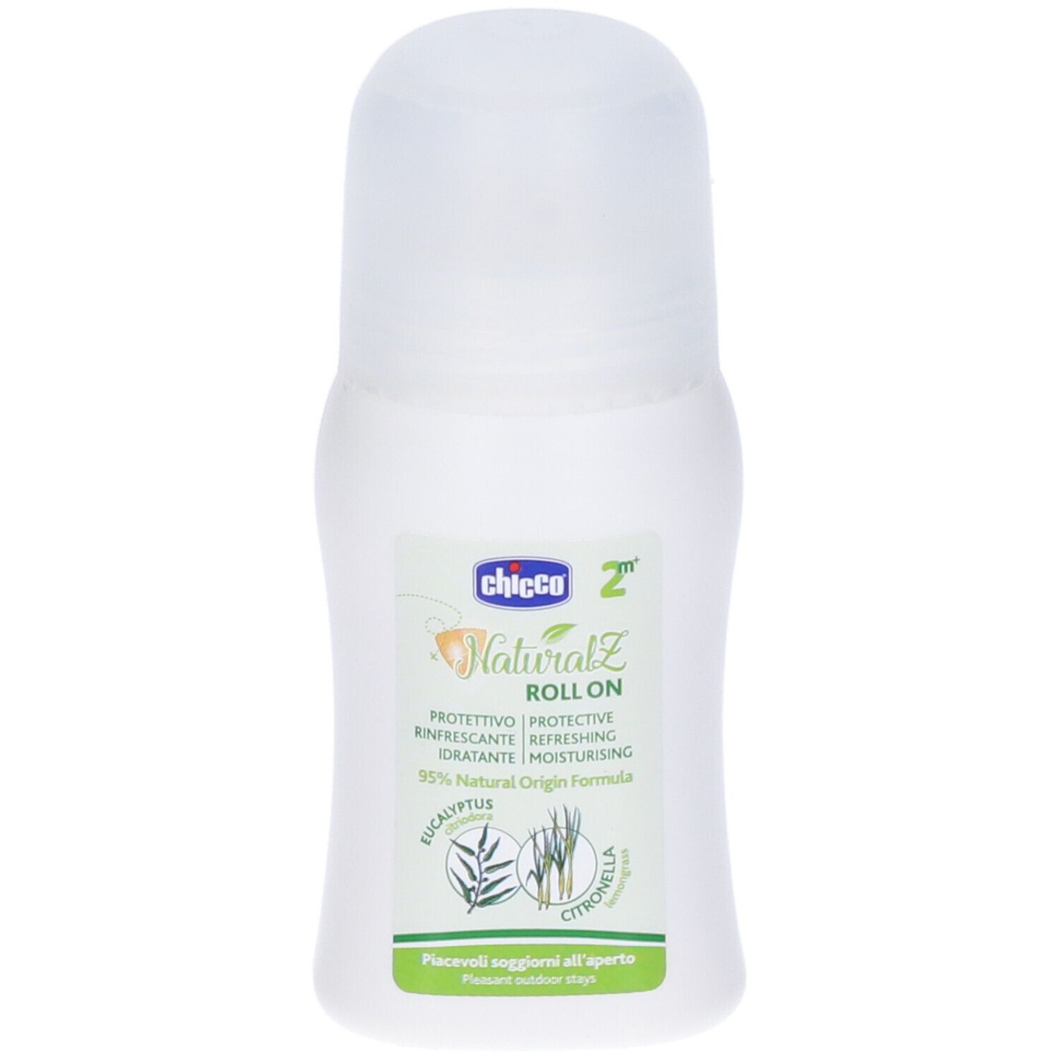 Flacone roll-on bianco con etichetta. Scritta: Chicco NaturalZ Roll On. Contiene eucalipto e citronella.