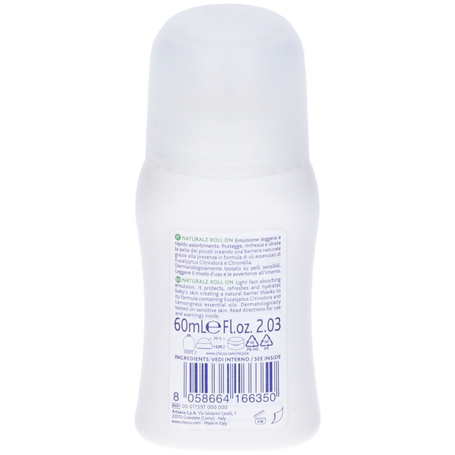 Retro di un flacone roll-on bianco. Testo: NaturalZ Roll On. Contiene 60 ml. Ingredienti e istruzioni per l'uso.