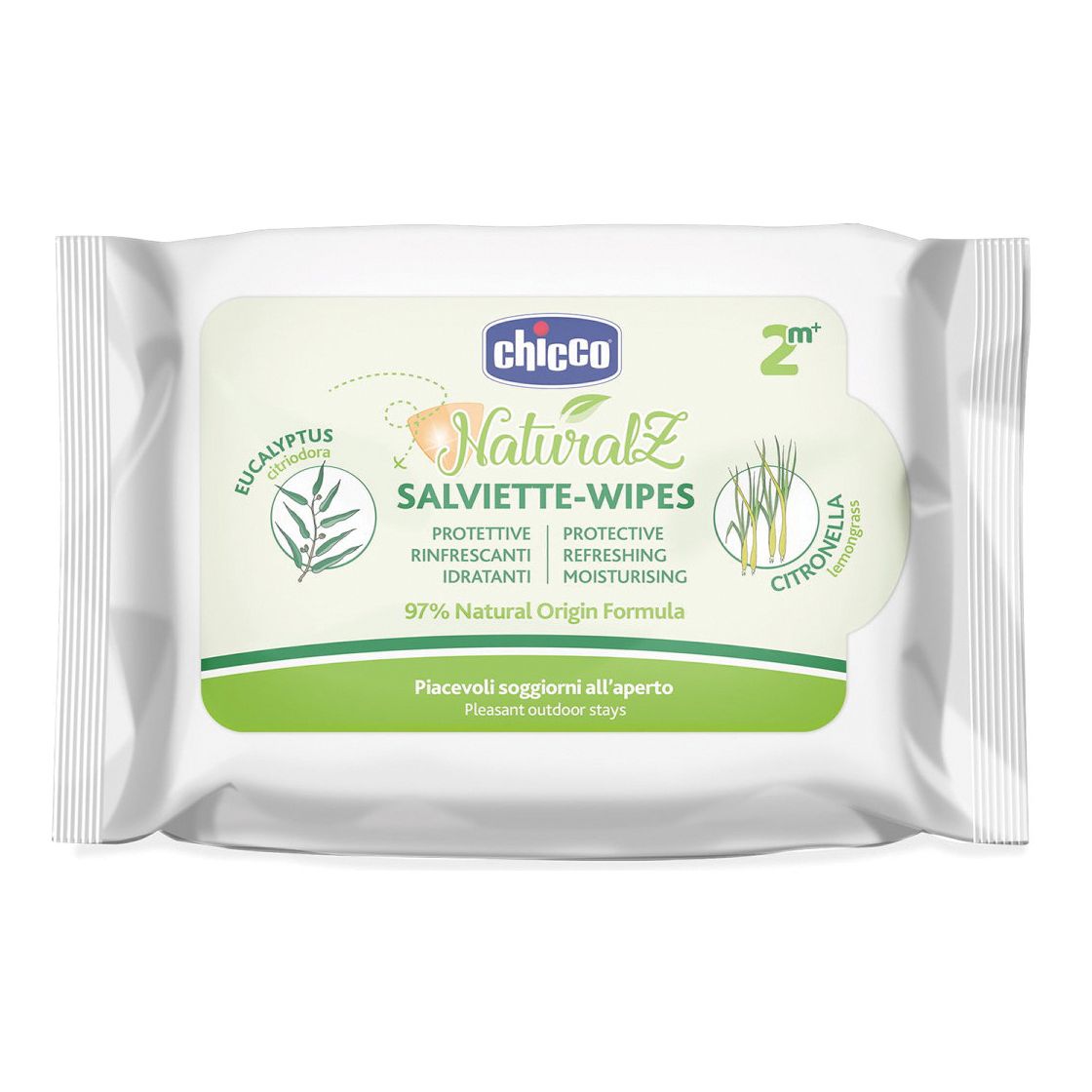 Confezione di salviette. Scritta: Chicco Natural Z Salviette-Wipes. Con eucalipto e citronella.