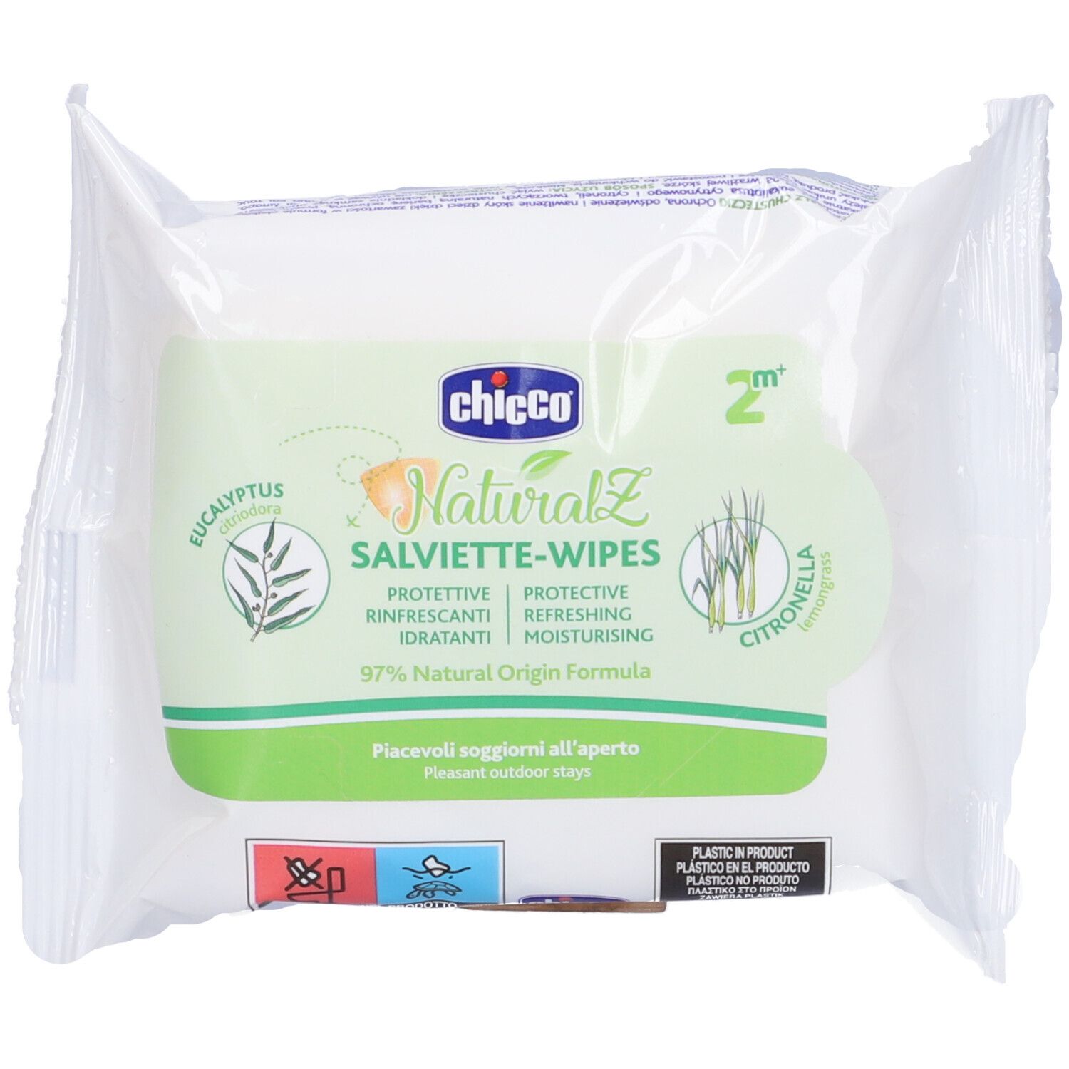 Confezione di salviette. Scritta: Chicco Natural Z Salviette-Wipes. Con eucalipto e citronella.