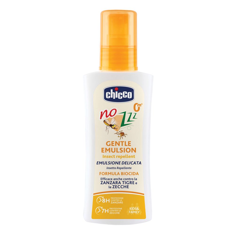 Flacone bianco con tappo giallo. Scritta: Chicco, No Zzz, Gentle Emulsion. Testo in italiano.