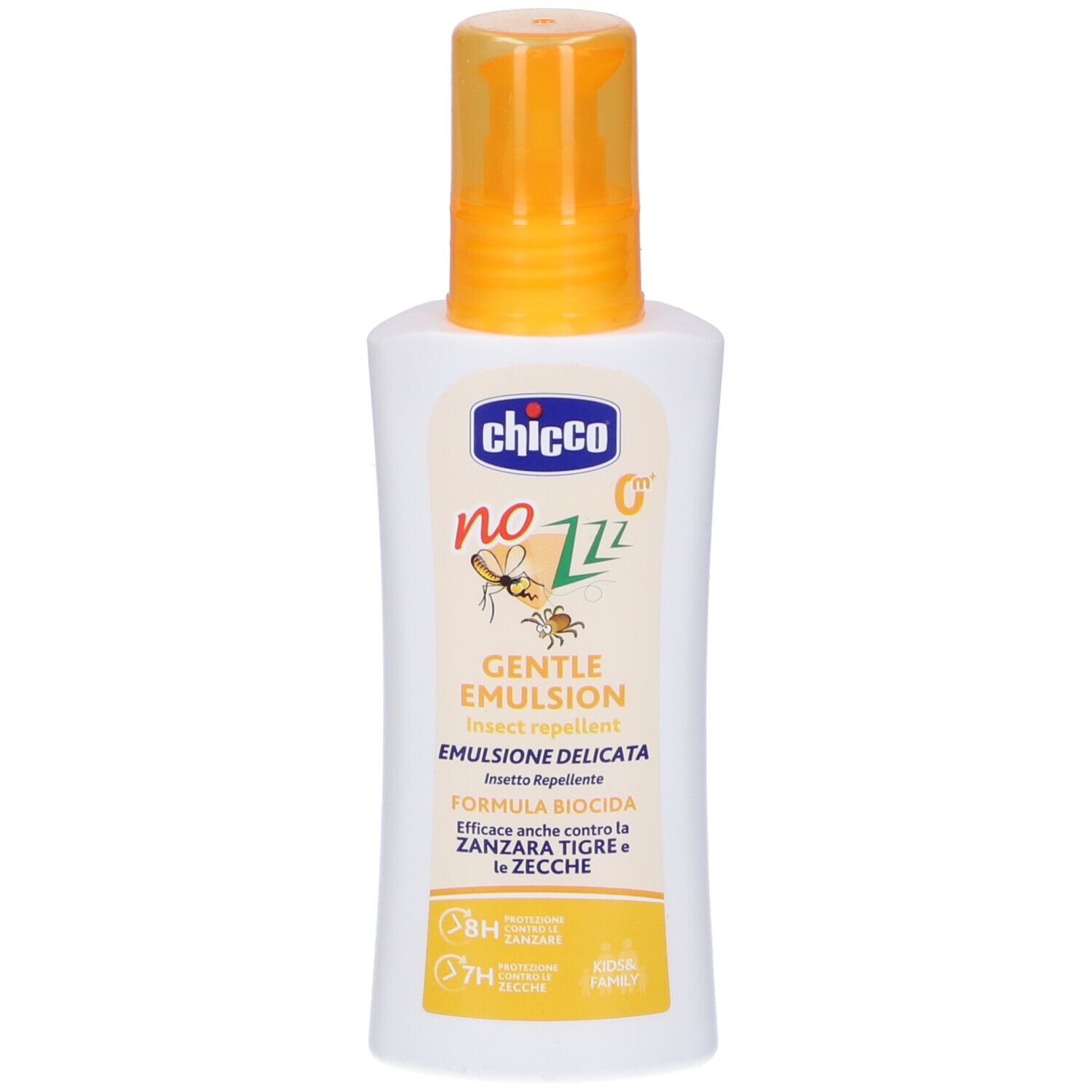 Flacone bianco con tappo giallo. Scritta: Chicco, No Zzz, Gentle Emulsion. Testo in italiano.