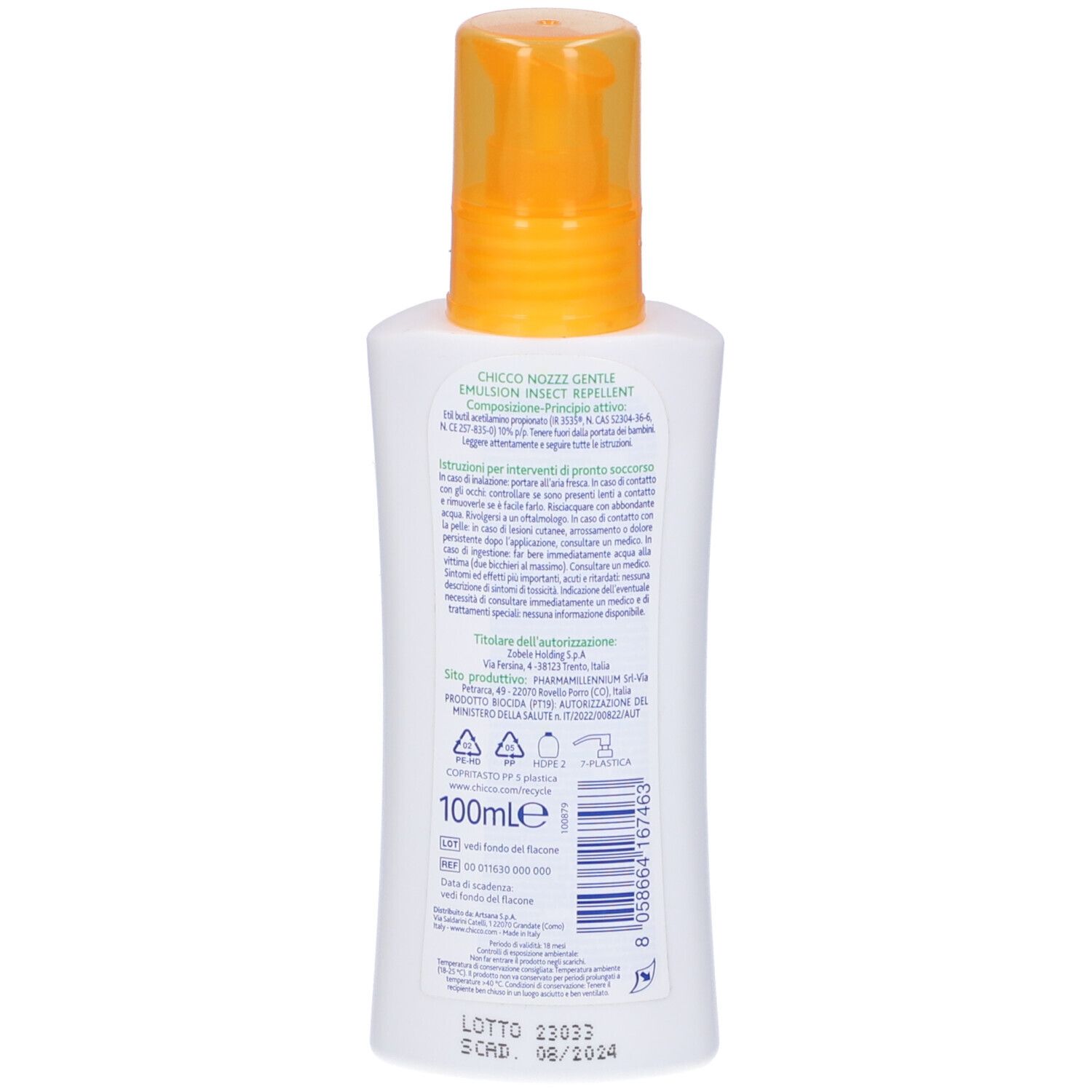 Retro di un flacone bianco con tappo giallo. Testo in italiano. In basso: 100ml, numero di lotto e scadenza.