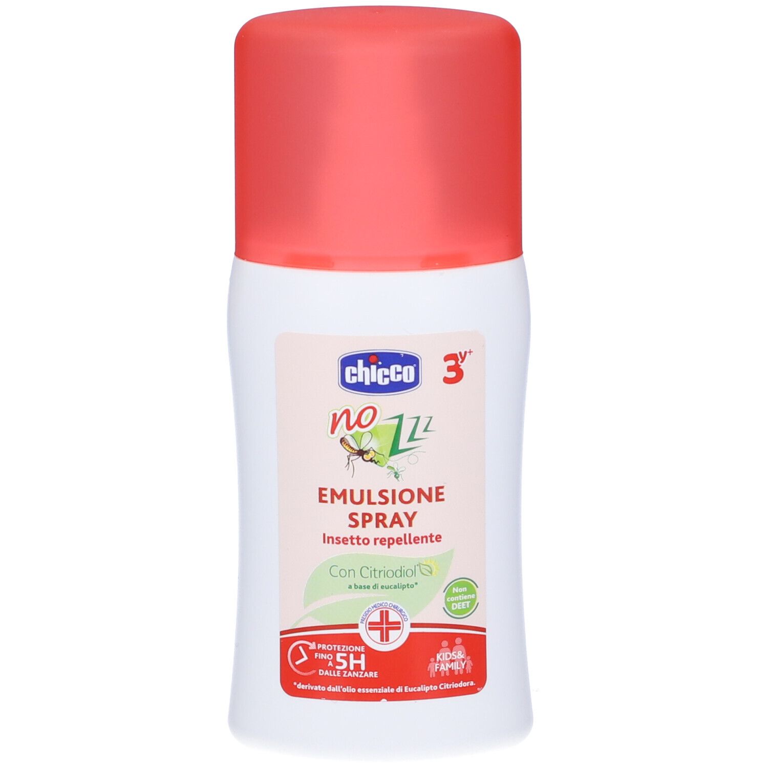 Spray Chicco Zanza. Flacone bianco con tappo rosso. Scritta 'no ZZZ' e 'EMULSIONE SPRAY'.