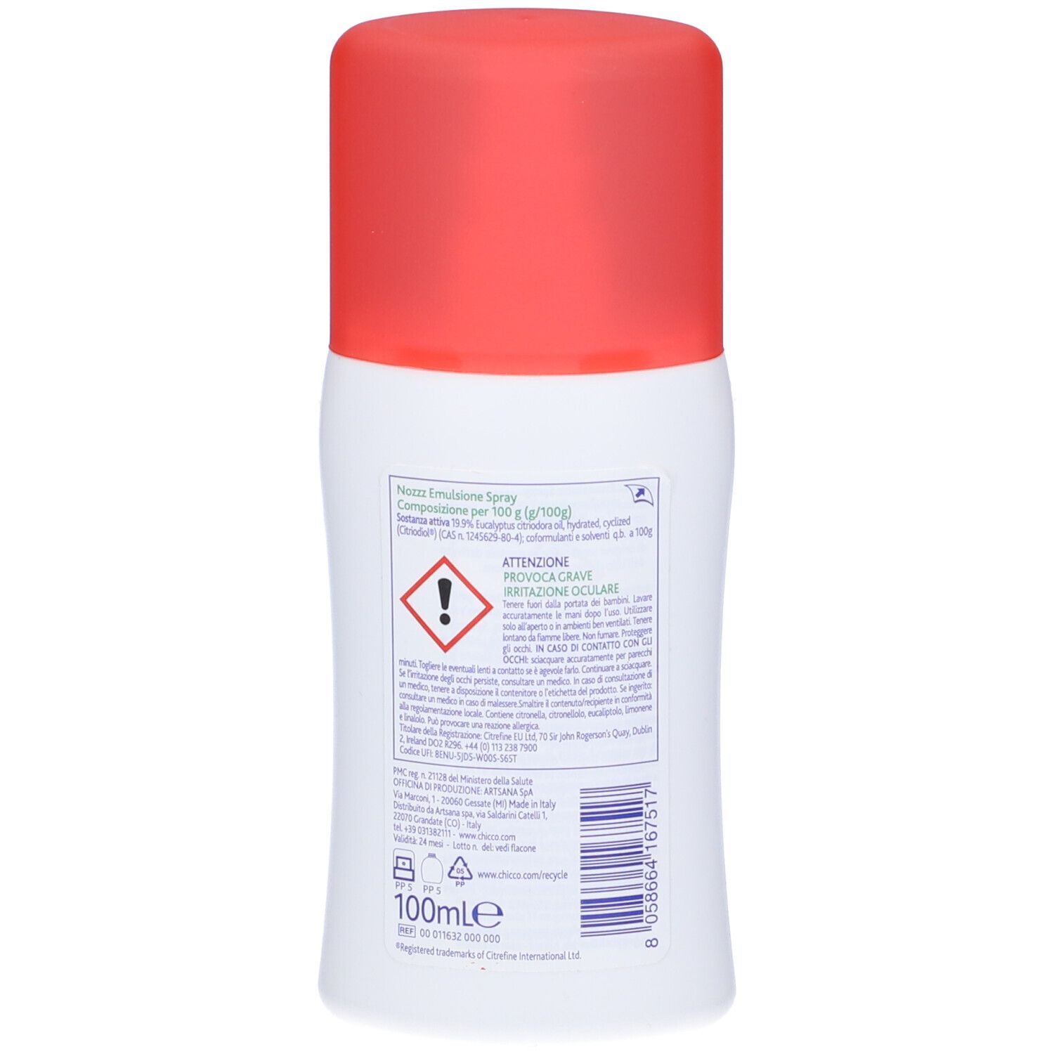 Retro del flacone di spray Chicco Zanza. Flacone bianco con tappo rosso. Testo e avvertenze.