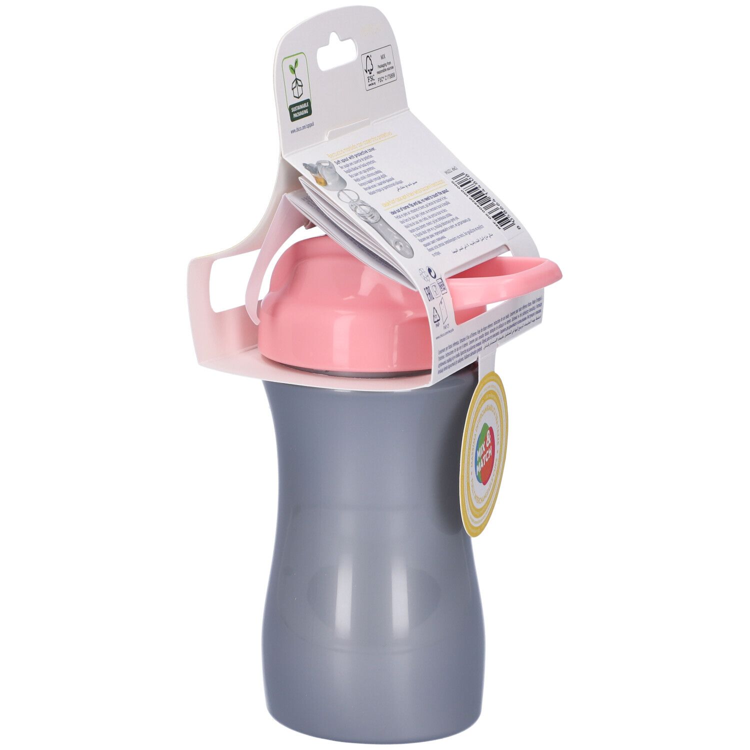 Tazza grigia con coperchio rosa. Confezione con nome e raccomandazione di età. Vista laterale.