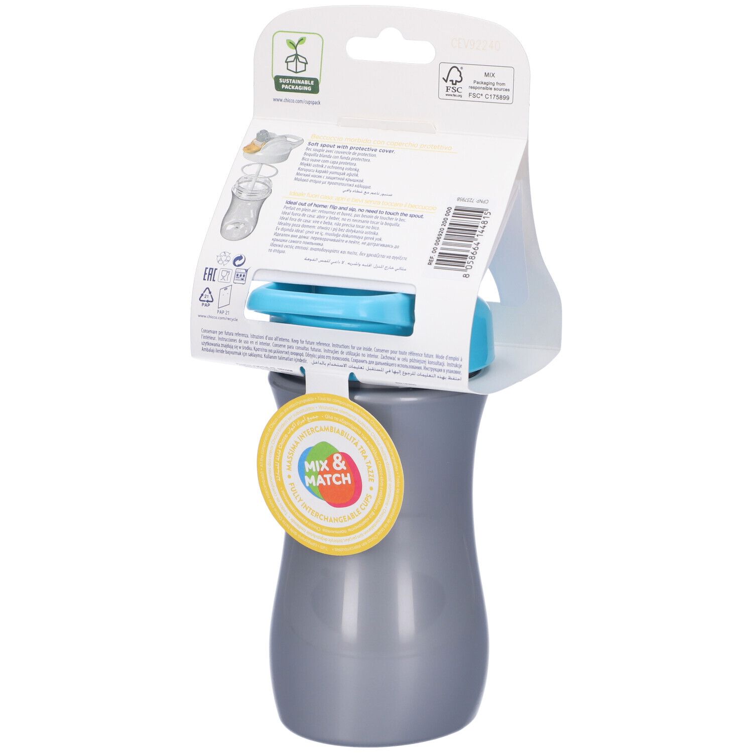 Retro della confezione Chicco Pop-up Cup. Informazioni sul prodotto, simboli di riciclaggio e logo Mix & Match.