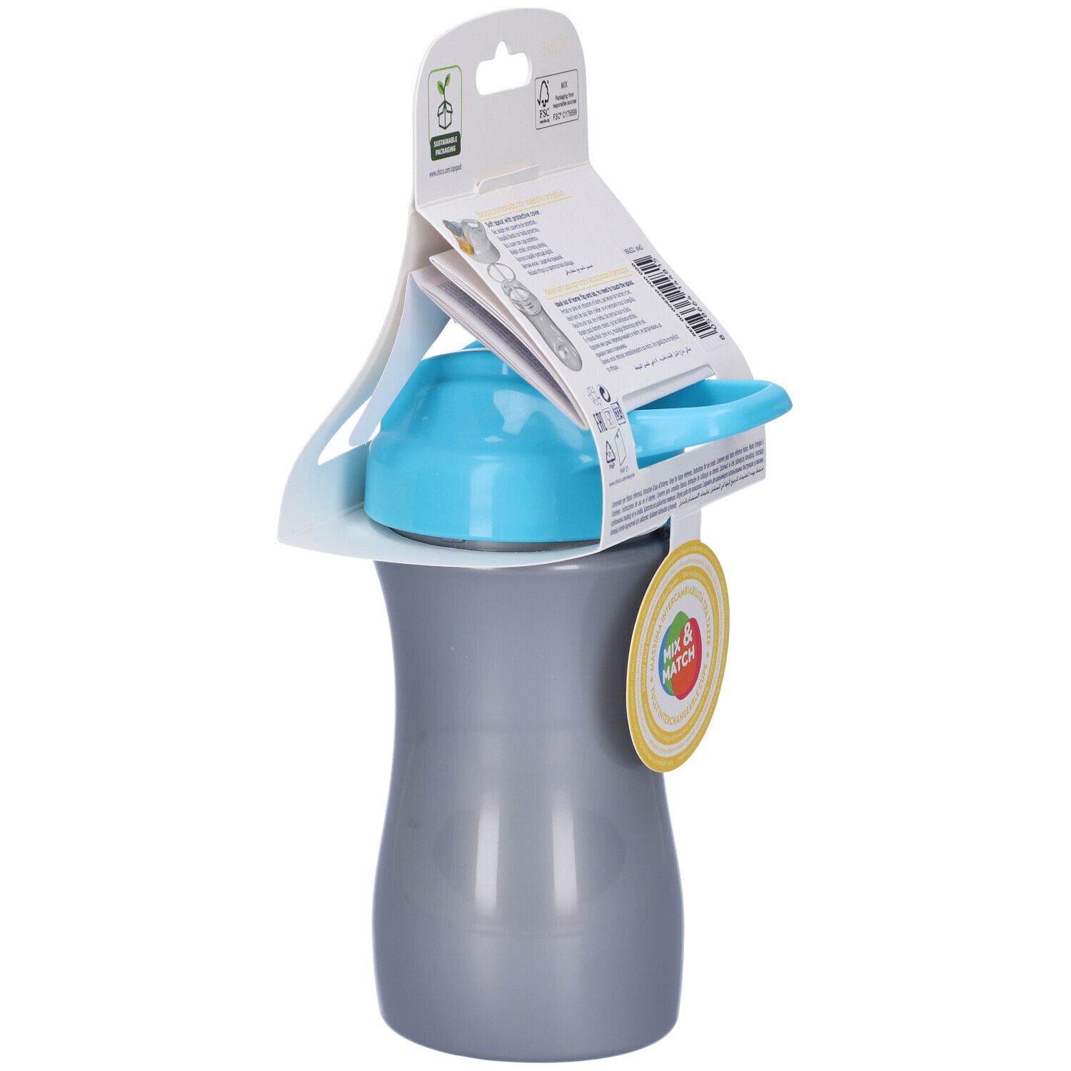 Chicco Pop-up Cup, grigio con coperchio blu. Retro della confezione con informazioni sul prodotto e logo Mix & Match.
