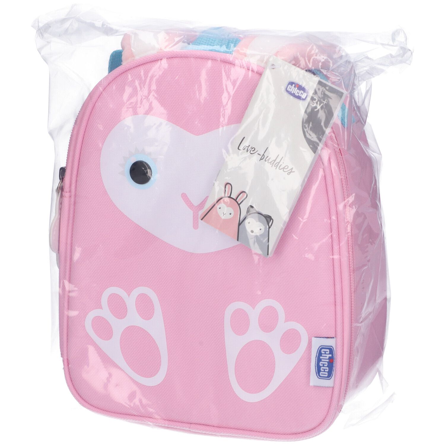 Borsa termica rosa con motivo coniglio, confezionata. Con manico, cerniera e etichetta. Include un'etichetta con logo.