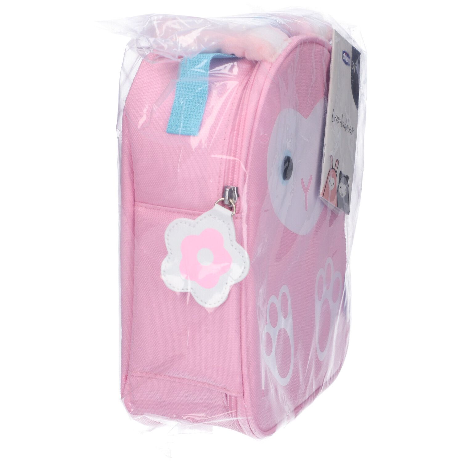 Borsa termica rosa con motivo coniglio, confezionata. Vista laterale con cerniera e etichetta. Etichetta con logo.