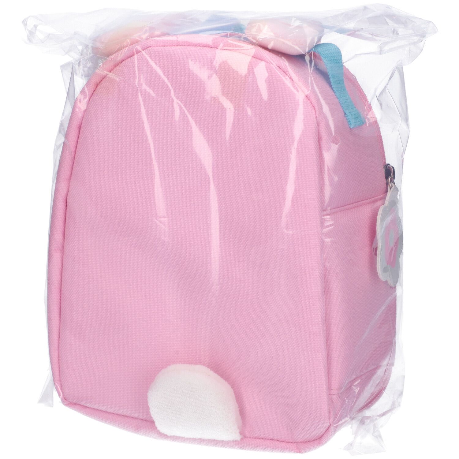 Borsa termica rosa con motivo coniglio, confezionata. Vista posteriore. Con manico e cerniera. Etichetta non visibile.