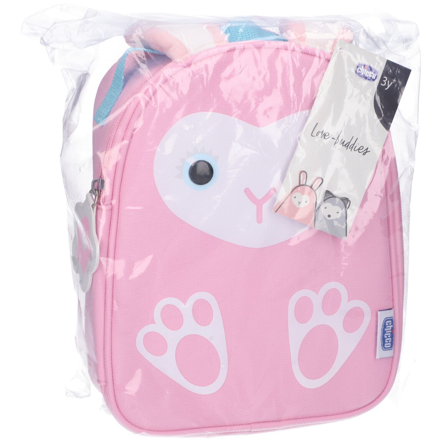 Borsa termica rosa con motivo coniglio, confezionata. Con manico, cerniera ed etichetta. Etichetta con logo e illustrazioni.