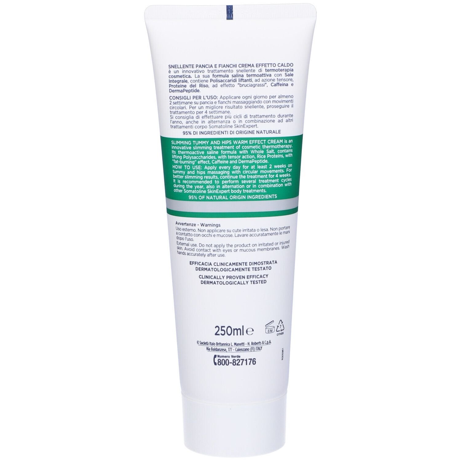 Rückseite der Creme-Tube. Text: 250ml, Inhaltsstoffe, Anwendungshinweise, Dermatologisch getestet.