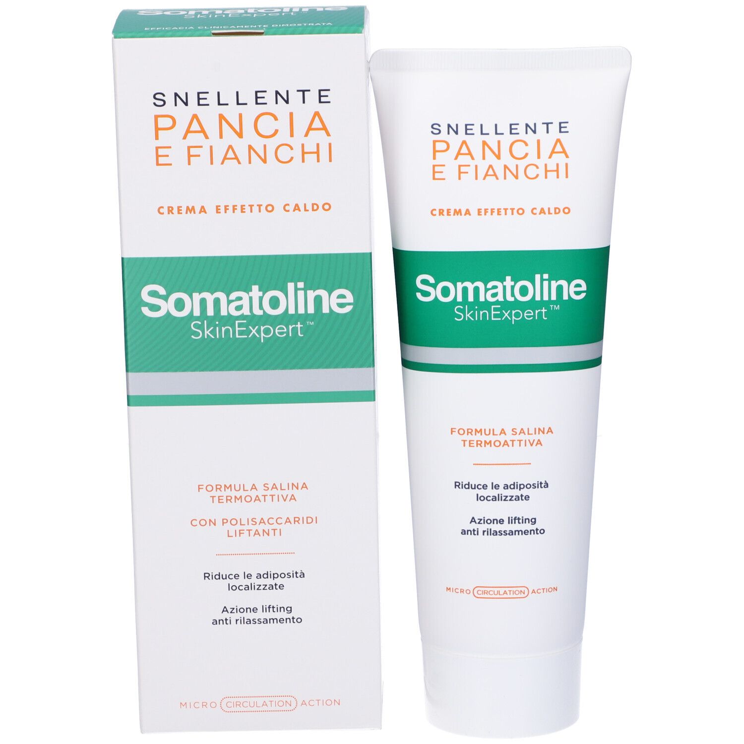Produktverpackung. Schachtel und Tube. Text: Somatoline SkinExpert, Pancia E Fianchi, Creme Effetto Caldo.