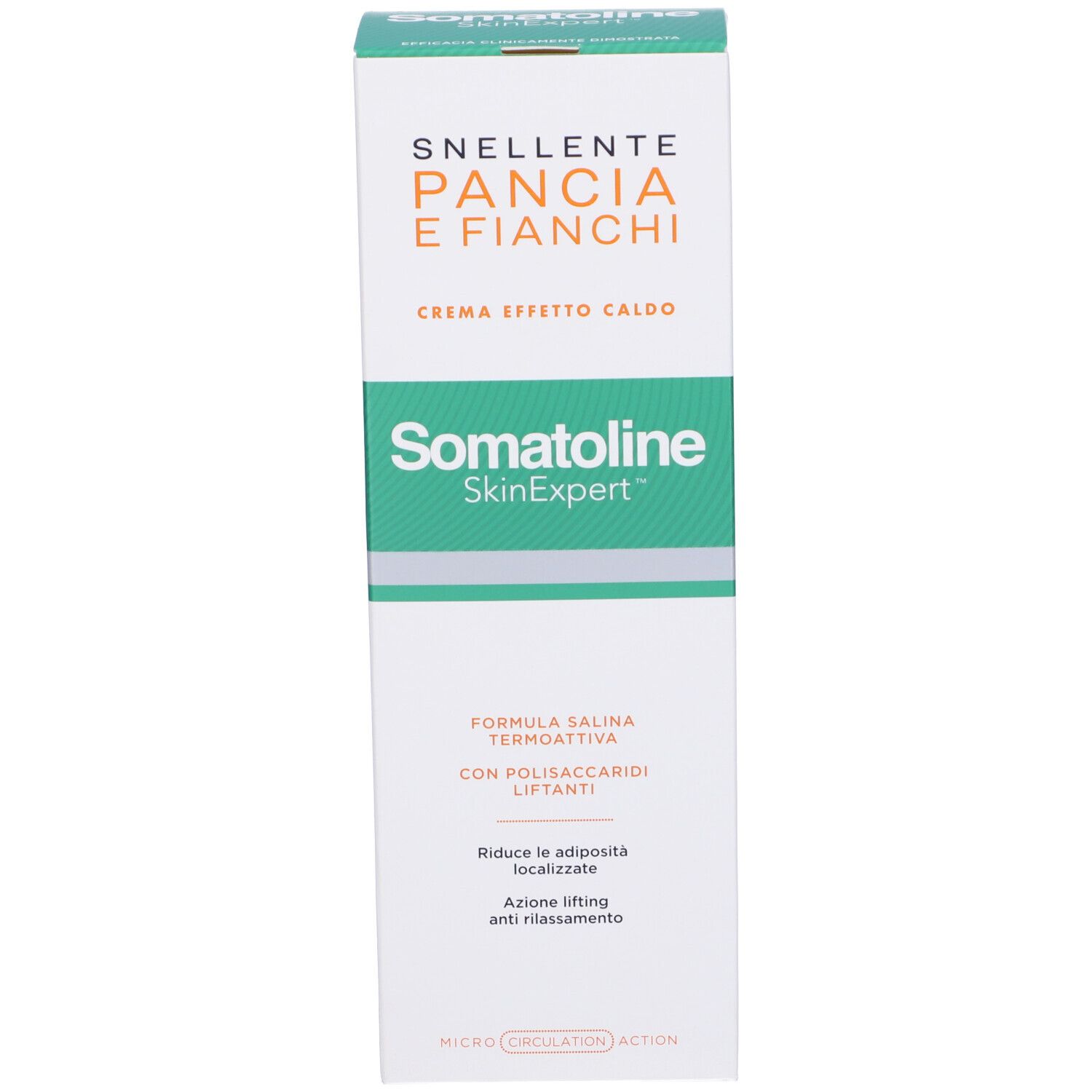 Produktverpackung. Schachtel. Text: Somatoline SkinExpert, Pancia E Fianchi, Creme Effetto Caldo.