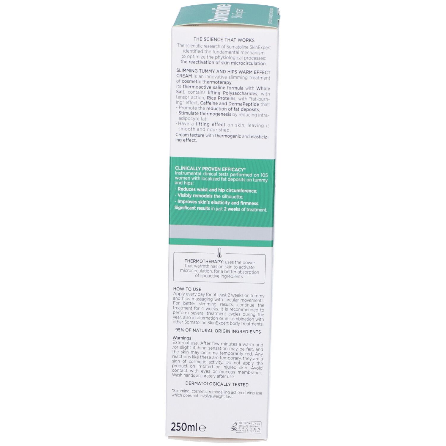 Rückseite der Produktverpackung. Text: Inhaltsstoffe, Anwendungshinweise, dermatologisch getestet.
