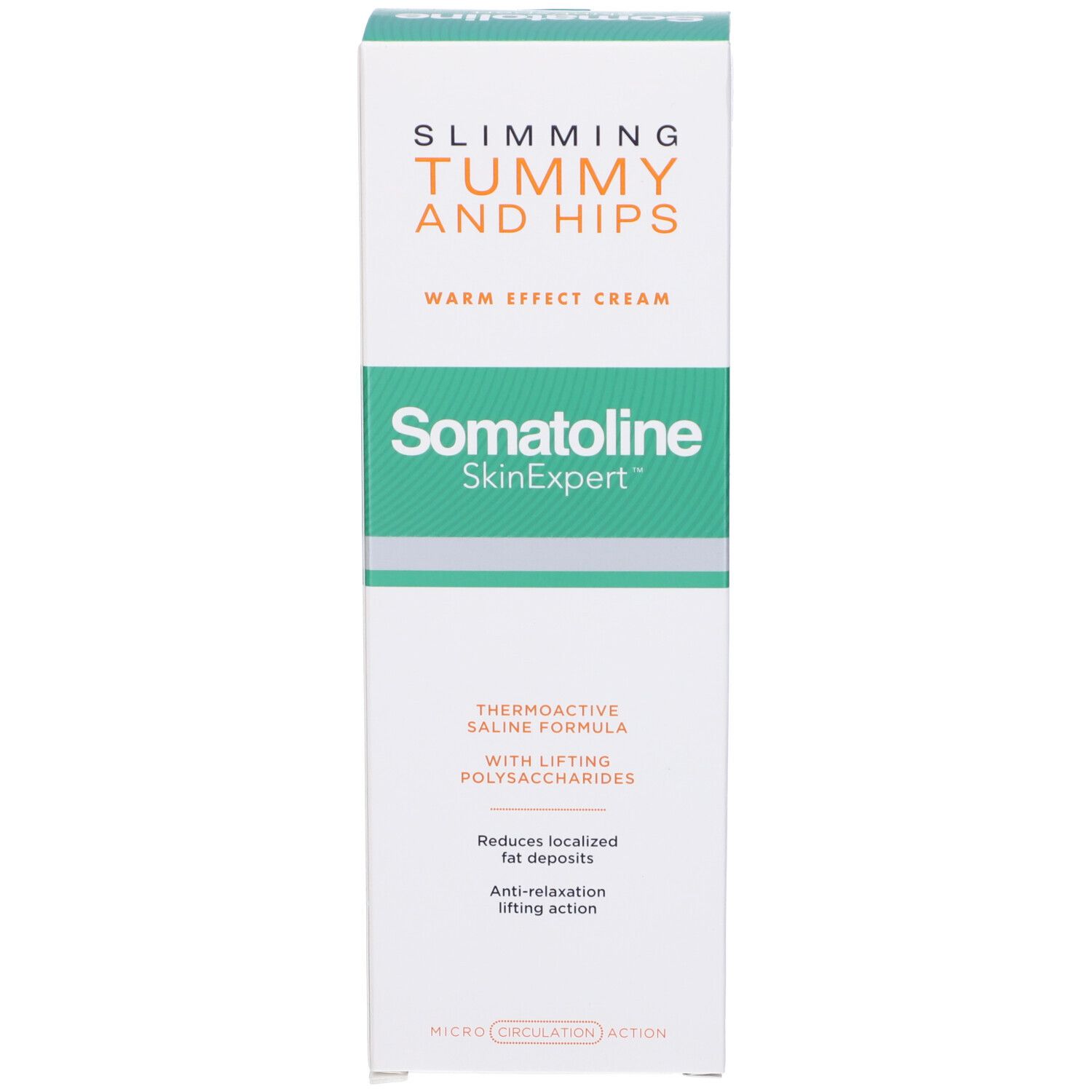 Produktverpackung. Schachtel. Text: Somatoline SkinExpert, Slimming Tummy and Hips, Warm Effect Cream.