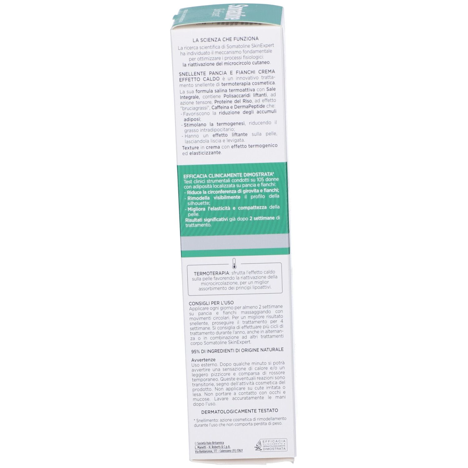 Rückseite der Produktverpackung. Text: Inhaltsstoffe, Anwendungshinweise, dermatologisch getestet.