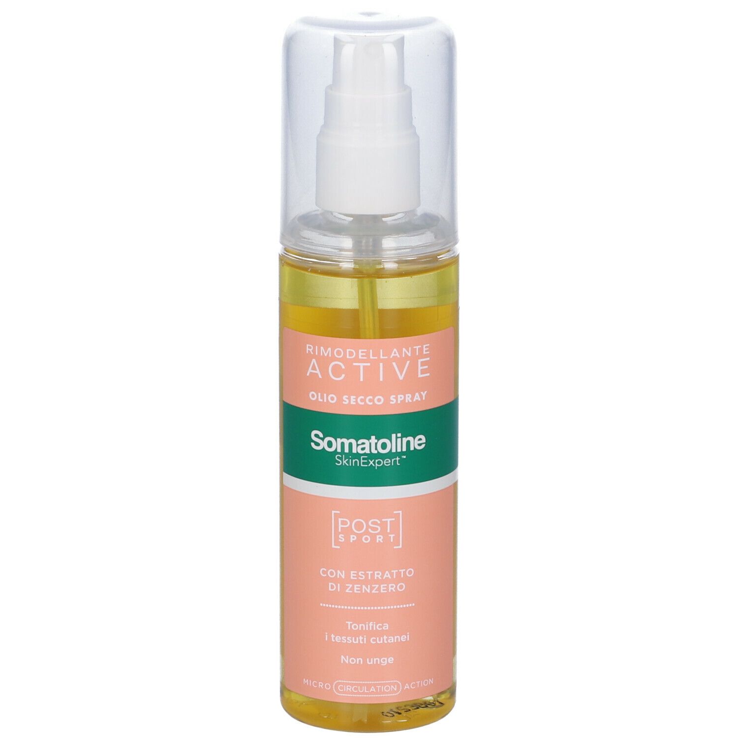 Flacone spray con olio giallo. Scritta: Somatoline SkinExpert, Active, Oilo Secco Spray. Tappo trasparente.