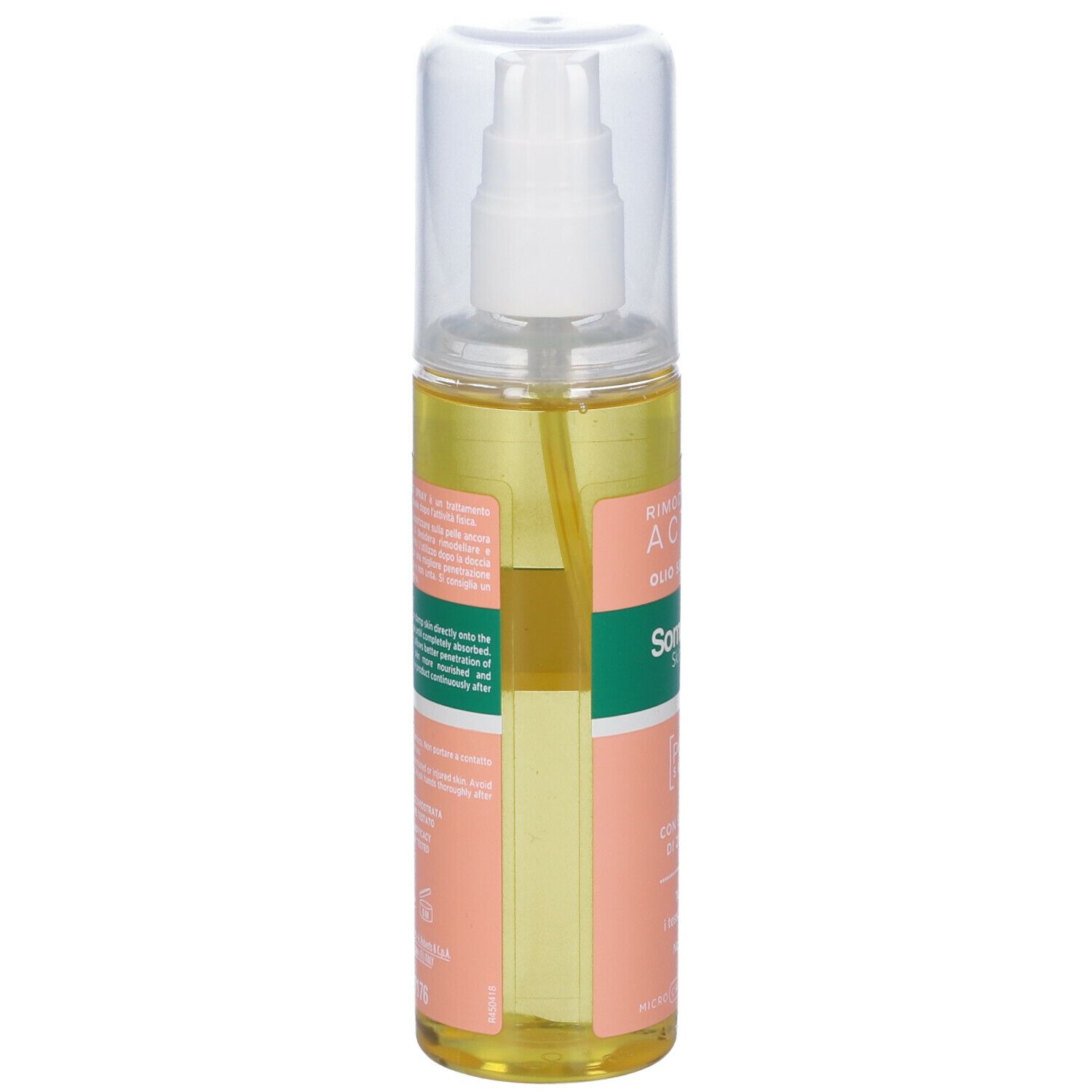 Vista posteriore del flacone spray con olio giallo. Scritta: Somatoline SkinExpert, Active, Oilo Secco Spray. Tappo trasparente.