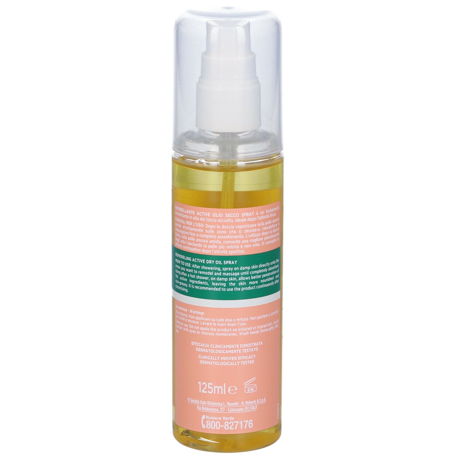 Vista posteriore del flacone spray con olio giallo. Scritta: Somatoline SkinExpert, Active, Oilo Secco Spray. 125ml.
