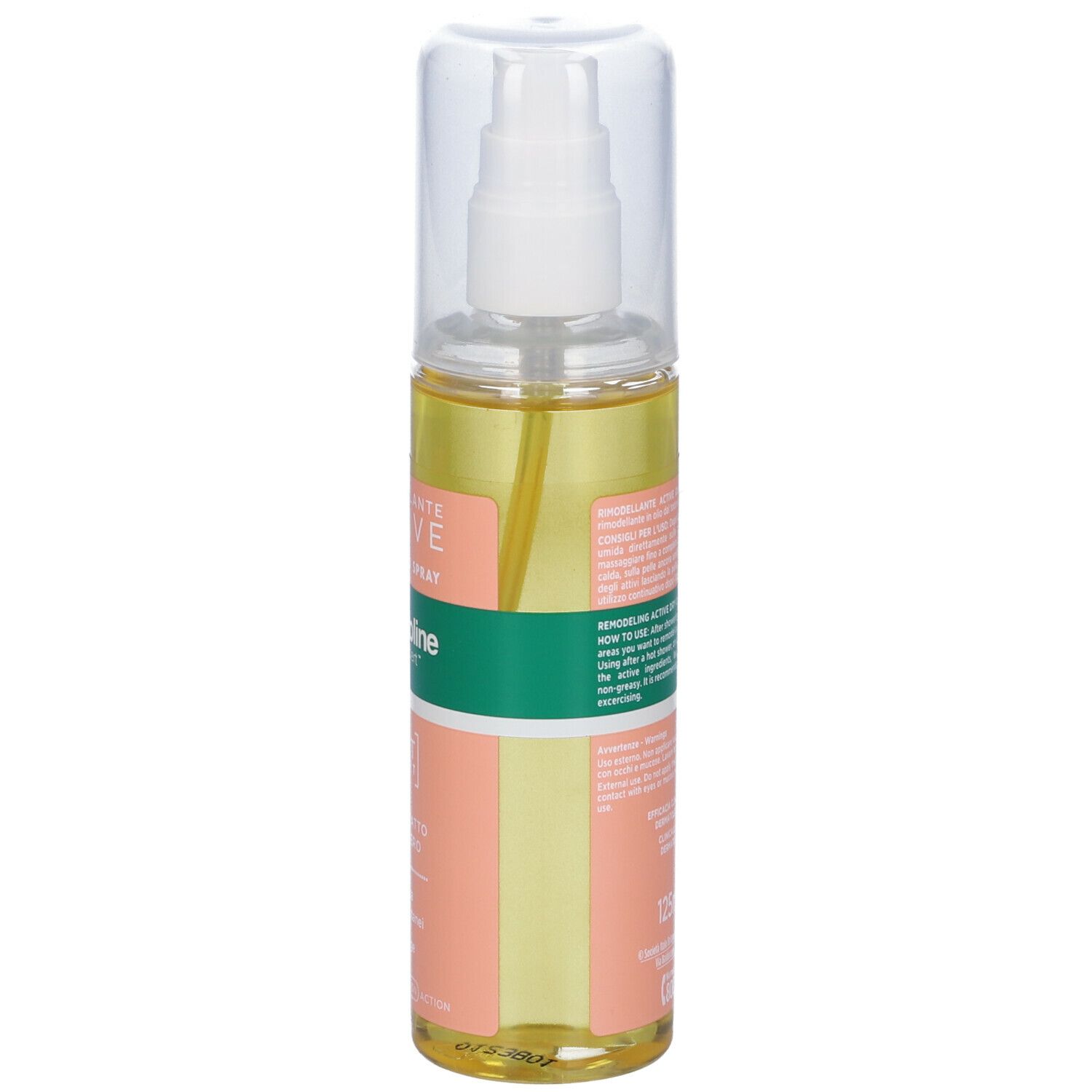 Vista posteriore del flacone spray con olio giallo. Scritta: Somatoline SkinExpert, Active, Oilo Secco Spray. Tappo trasparente.