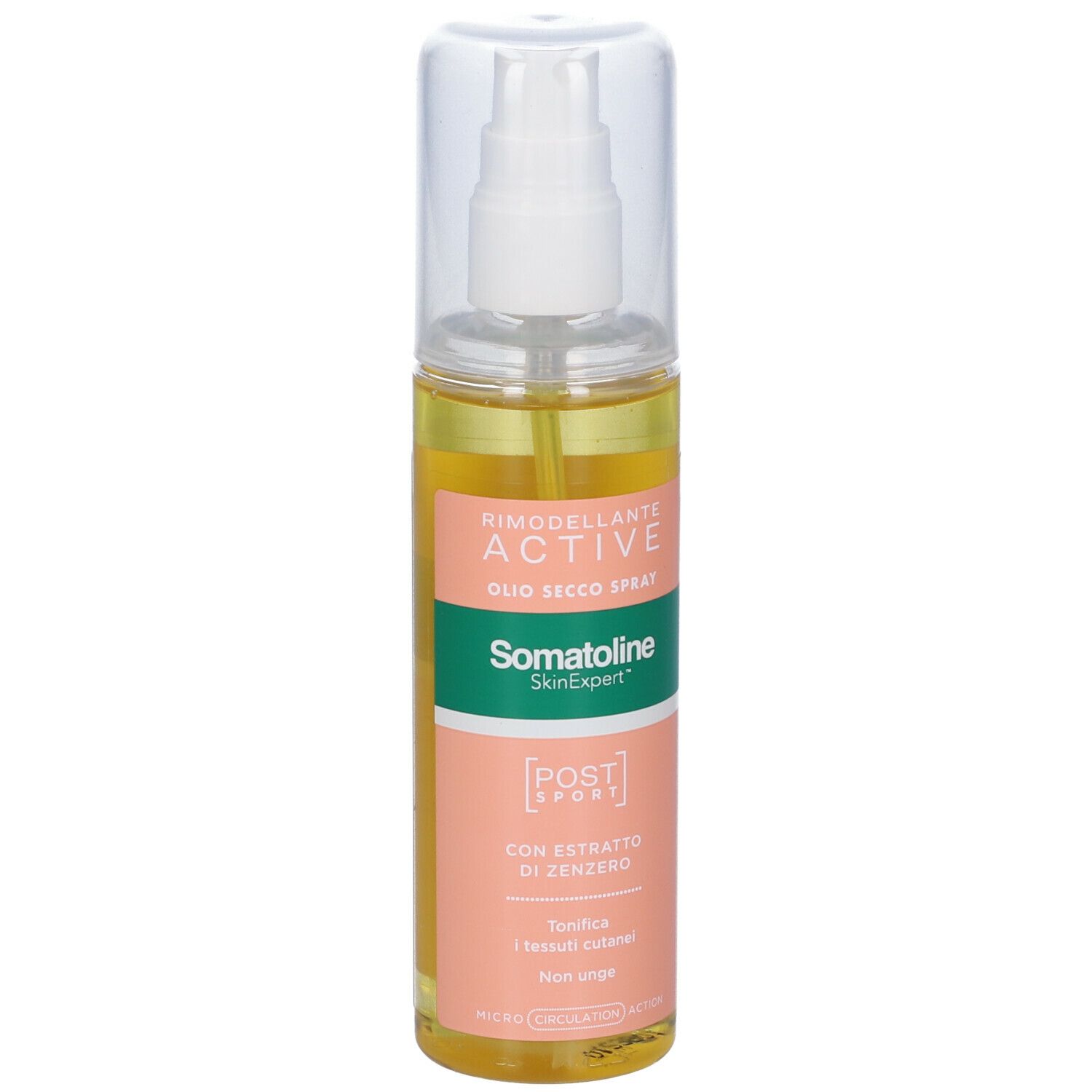 Flacone spray con olio giallo. Scritta: Somatoline SkinExpert, Active, Oilo Secco Spray. Tappo trasparente.