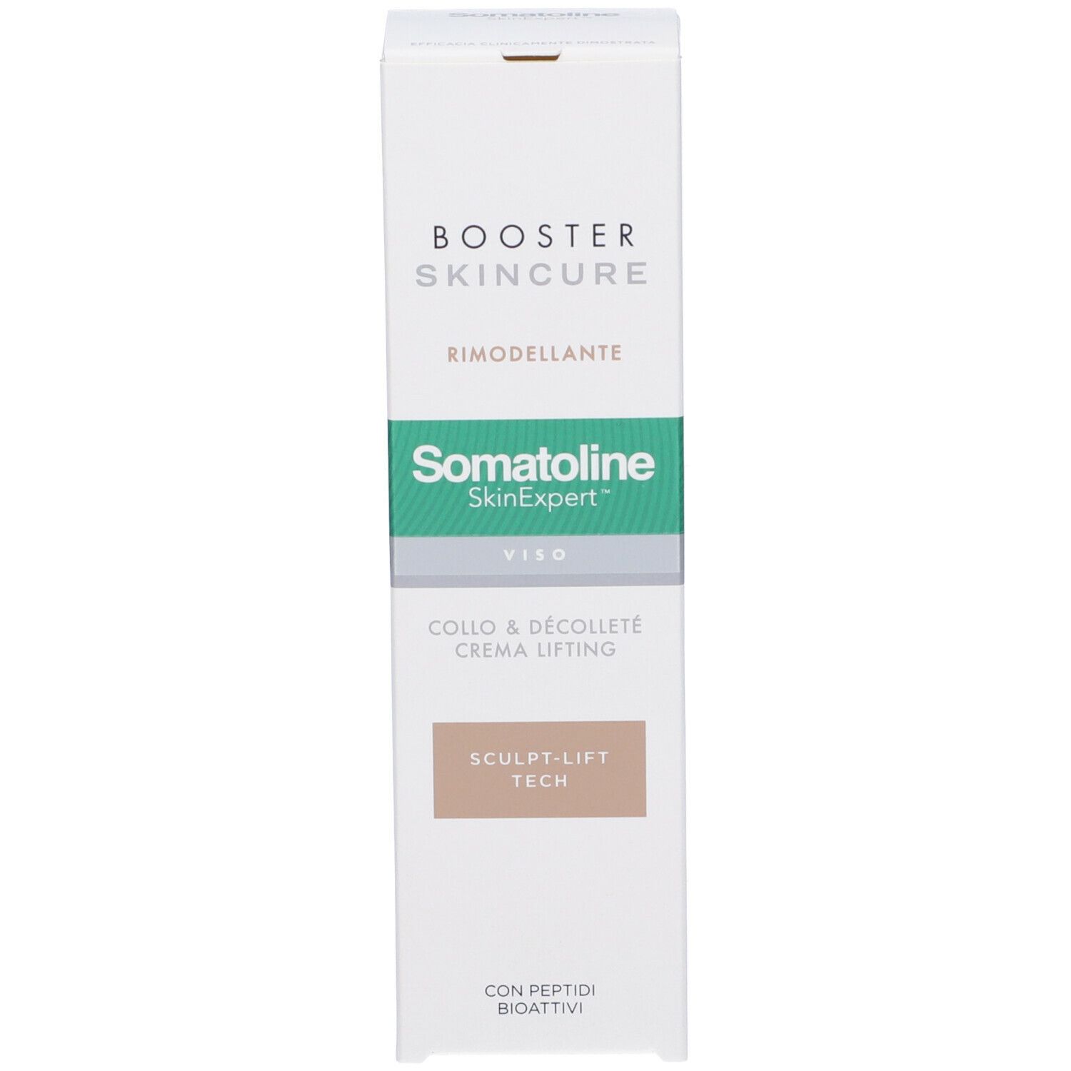 Confezione bianca. Scritta: BOOSTER SKINCARE, Somatoline SkinExpert, Collo & Décolleté Crema Lifting.