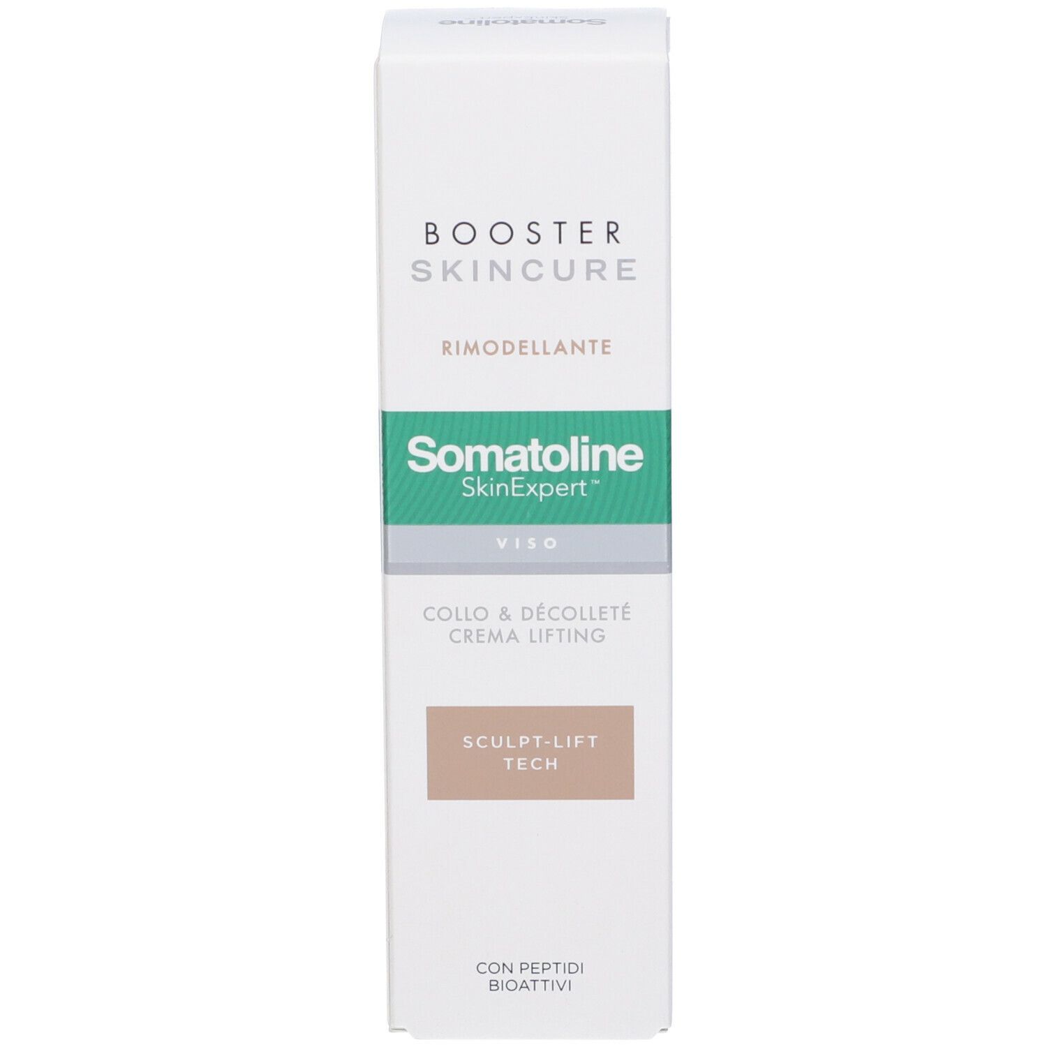 Confezione bianca. Scritta: BOOSTER SKINCARE, Somatoline SkinExpert, Collo & Décolleté Crema Lifting.