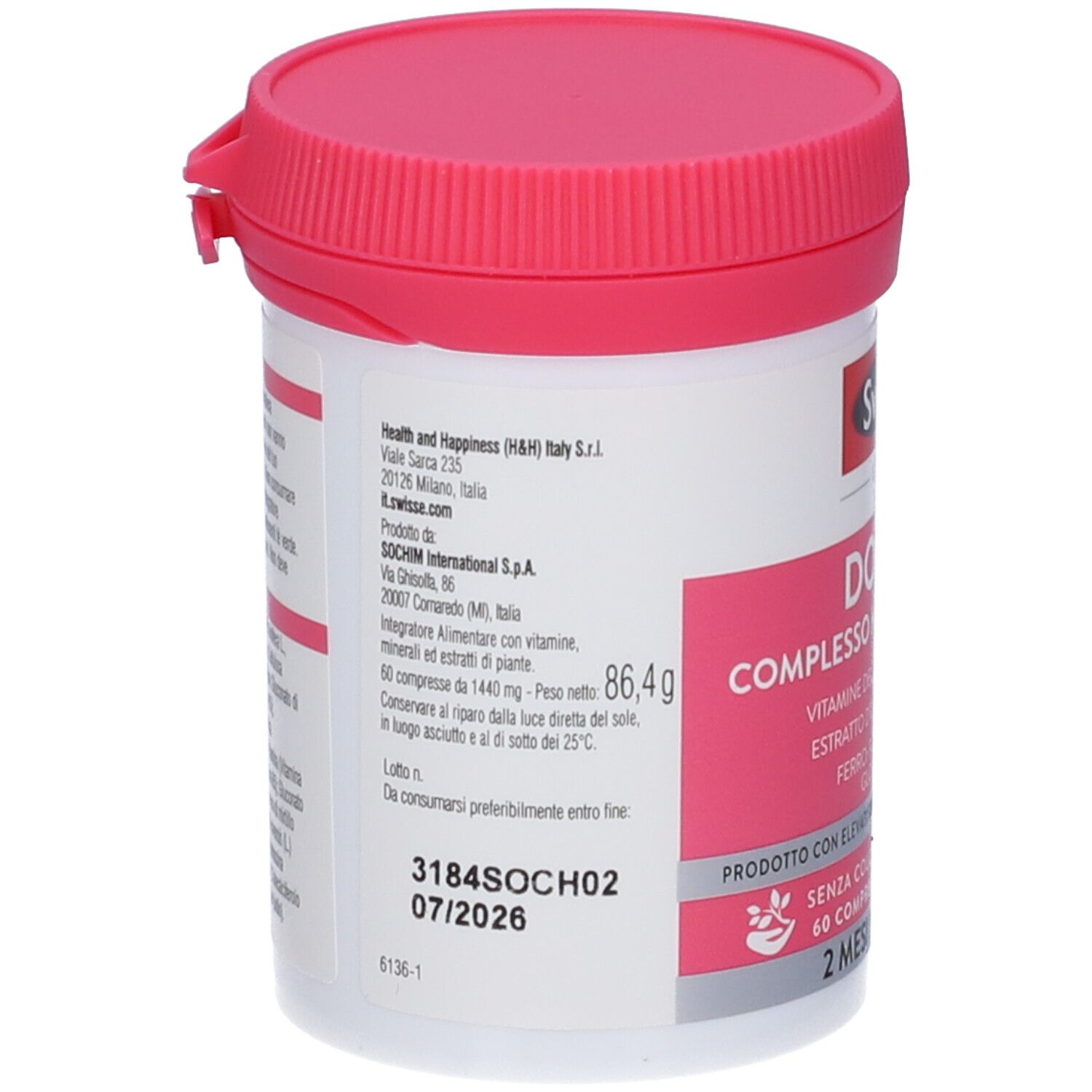 Retro del barattolo bianco, coperchio rosa. Contiene informazioni sugli ingredienti e il produttore. 86,4g.