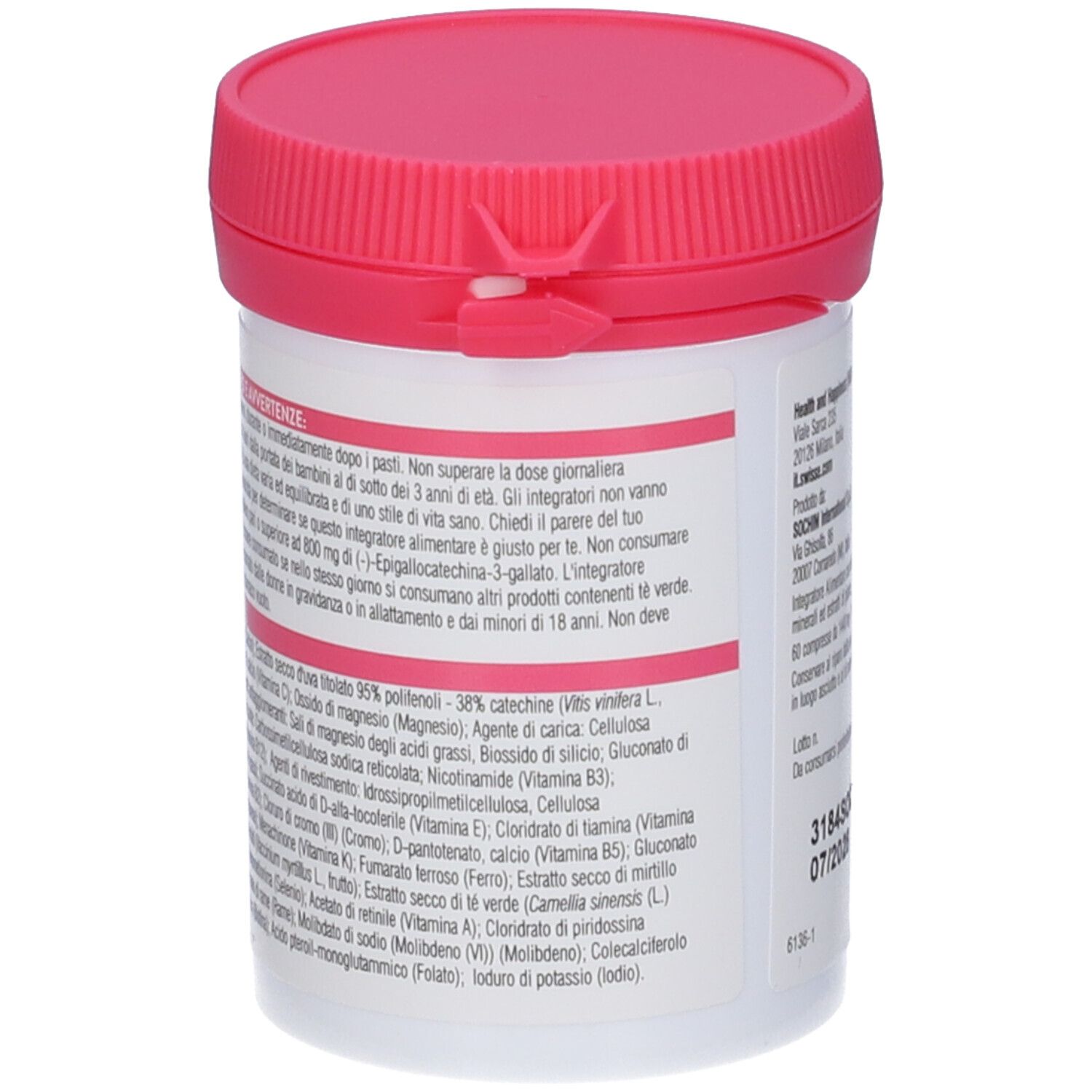 Retro del barattolo bianco, coperchio rosa. Contiene informazioni sugli ingredienti e avvertenze.