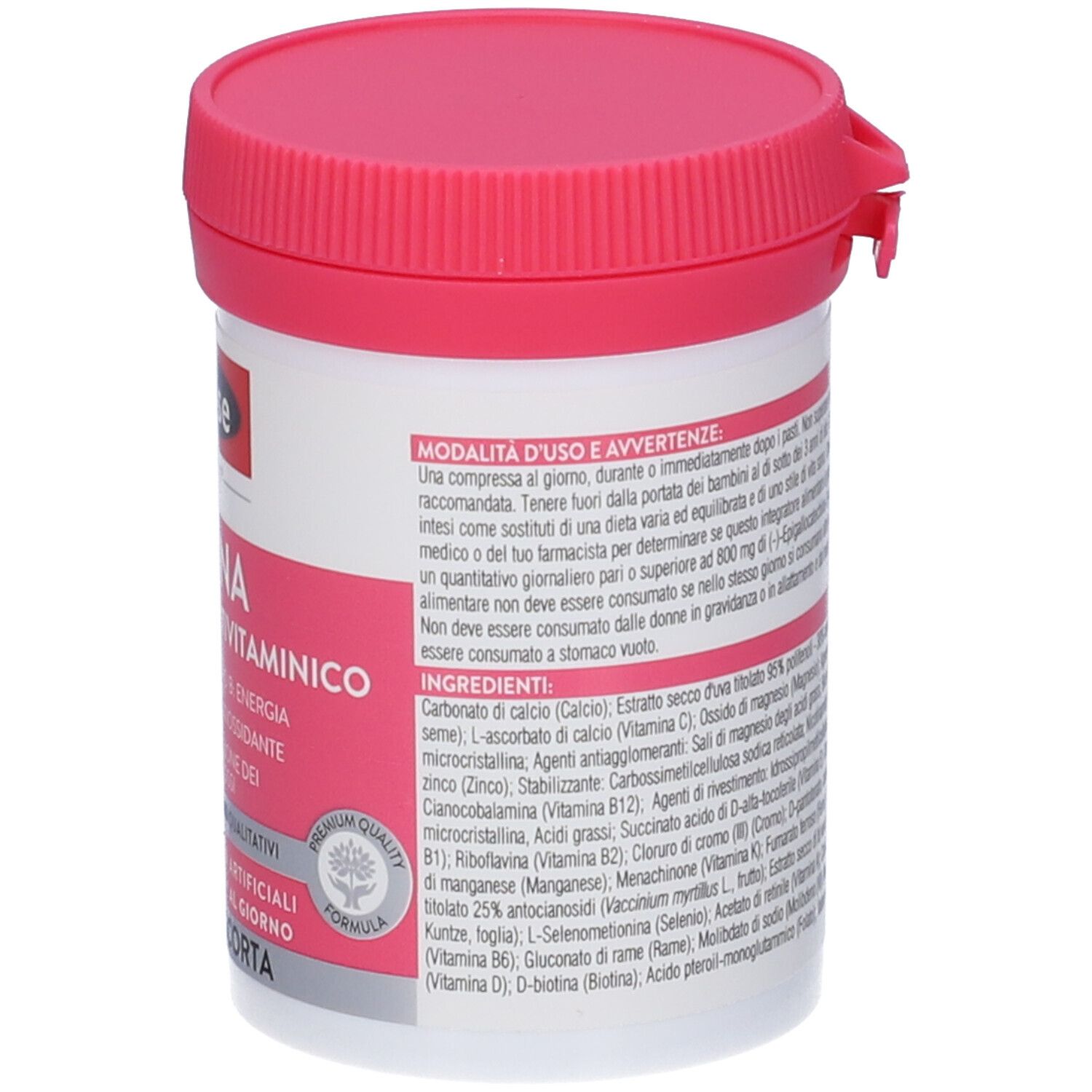 Retro del barattolo bianco, coperchio rosa. Contiene informazioni sull'uso e gli ingredienti.
