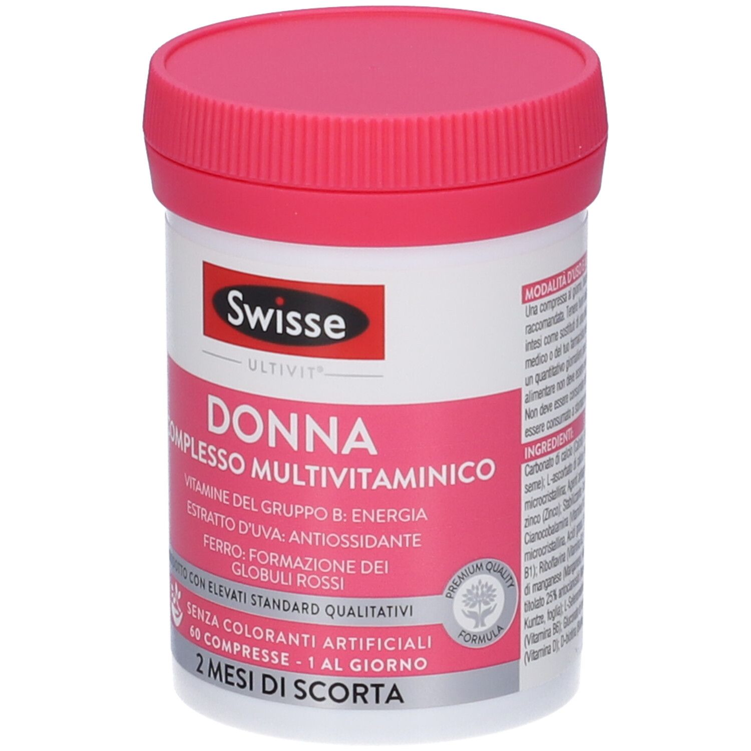 Barattolo bianco con coperchio rosa. Scritta: Swisse Ultivit Donna. Contiene complesso multivitaminico. 60 compresse.
