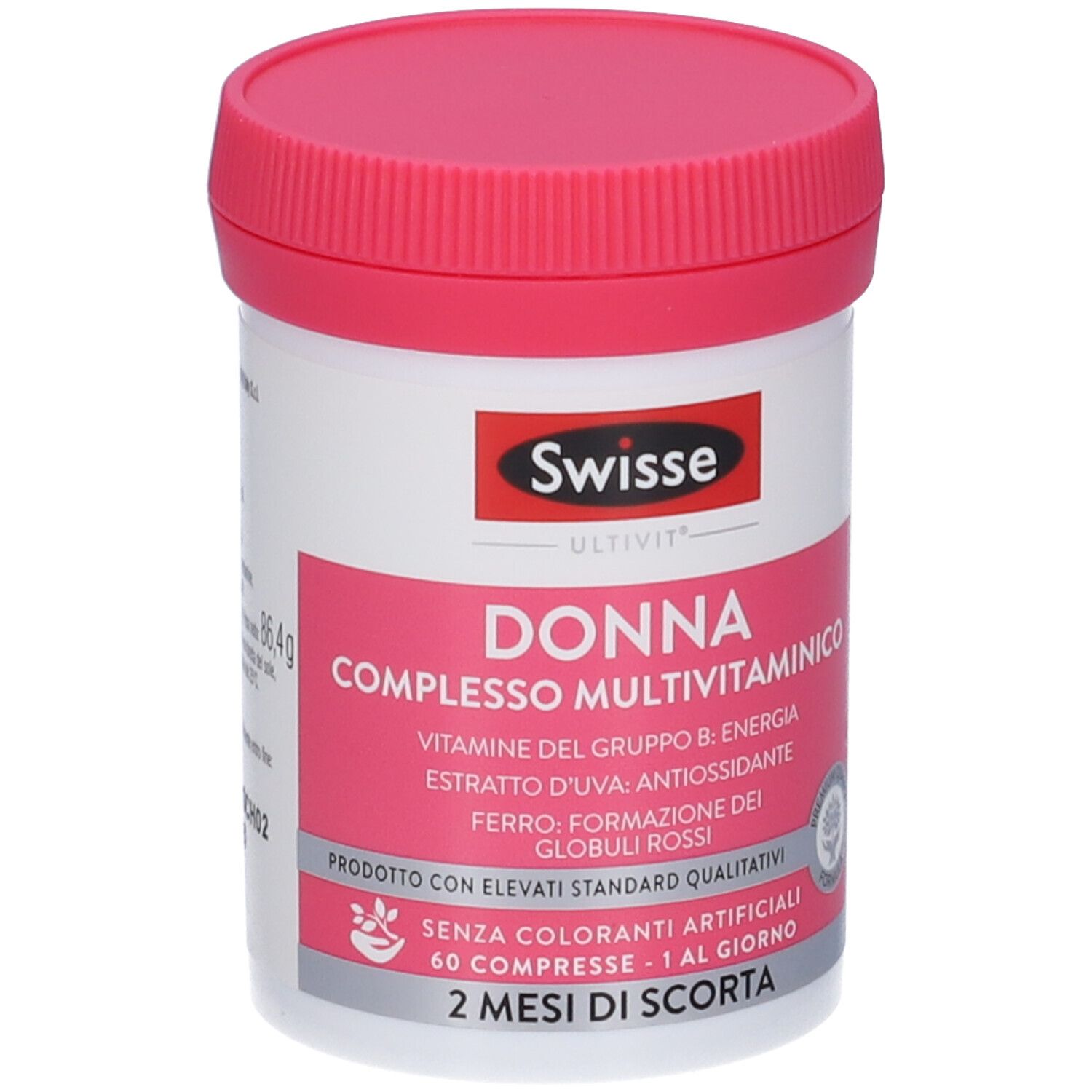 Barattolo bianco con coperchio rosa. Scritta: Swisse Ultivit Donna. Contiene complesso multivitaminico. 60 compresse.