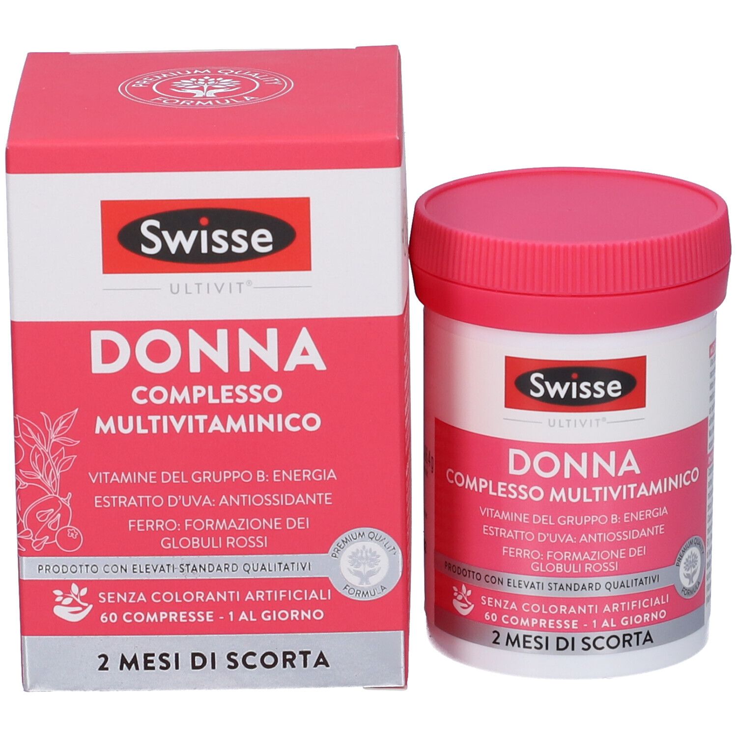 Confezione del prodotto: barattolo e scatola. Scritta: Swisse Ultivit Donna. Contiene complesso multivitaminico. 60 compresse.
